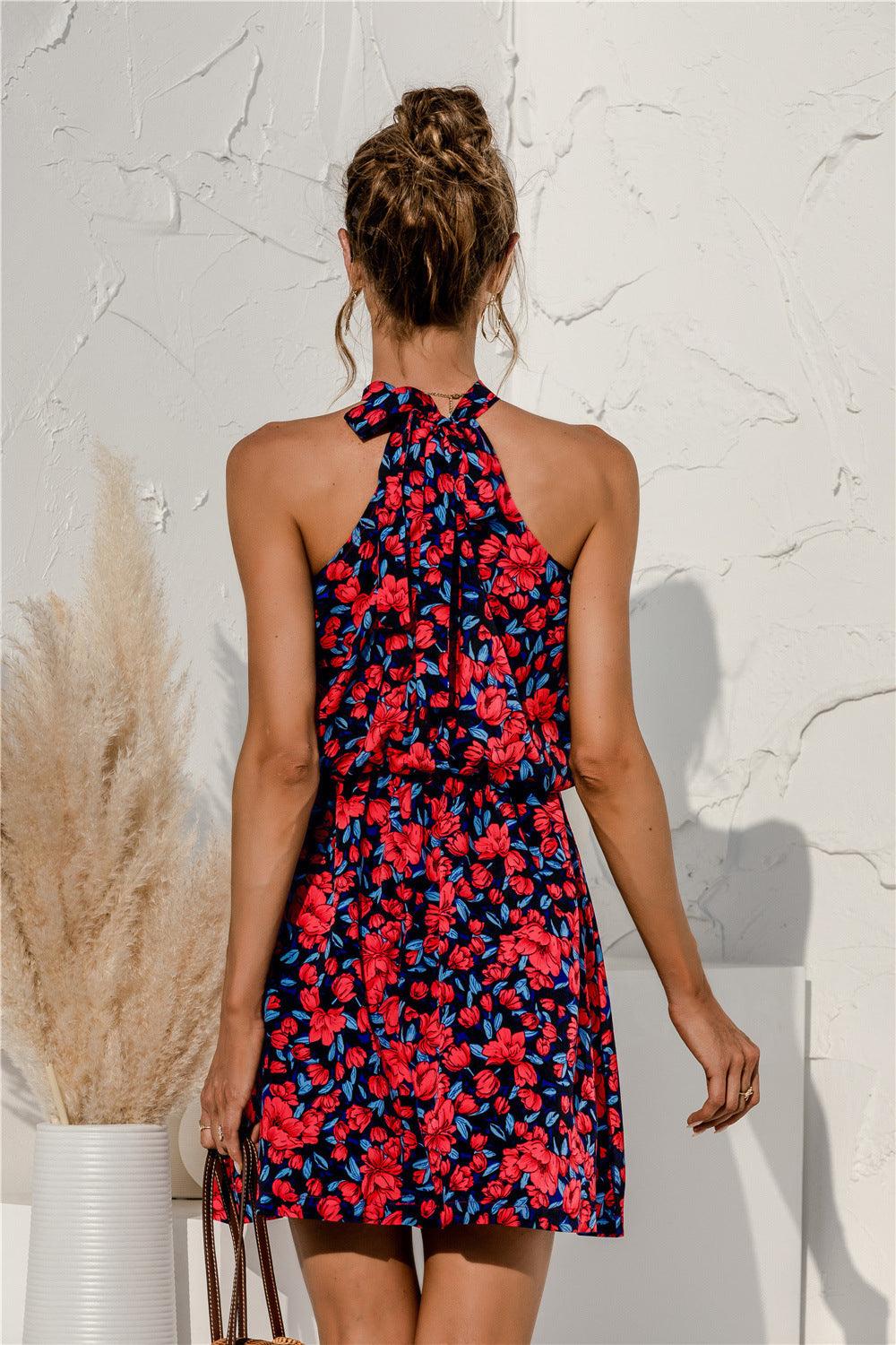 Floral Tied Sleeveless Halter Neck Mini Dress - Dresses