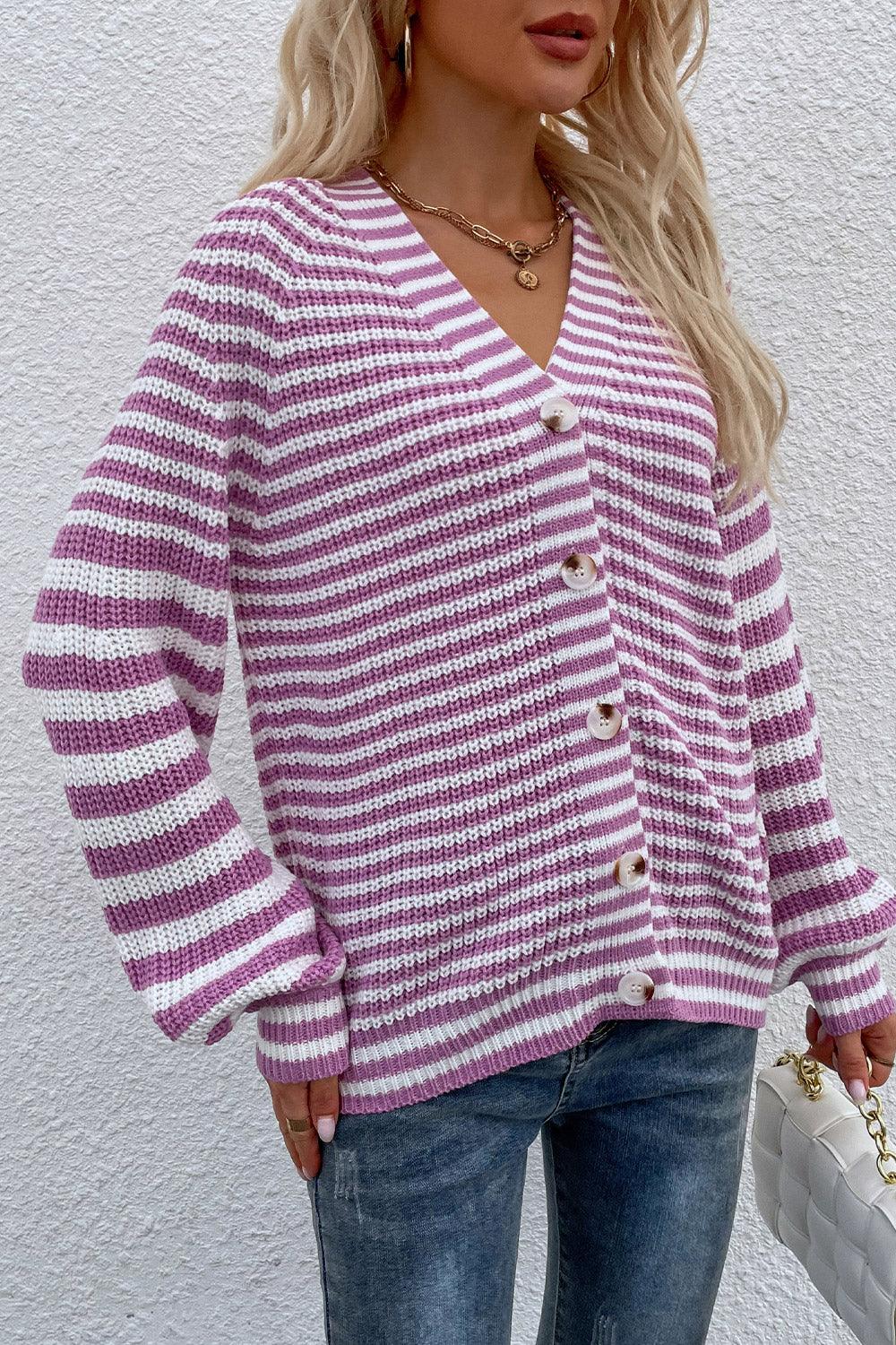 Striped V-Neck Button-Down Long Sleeve Cardigan - Cardigan