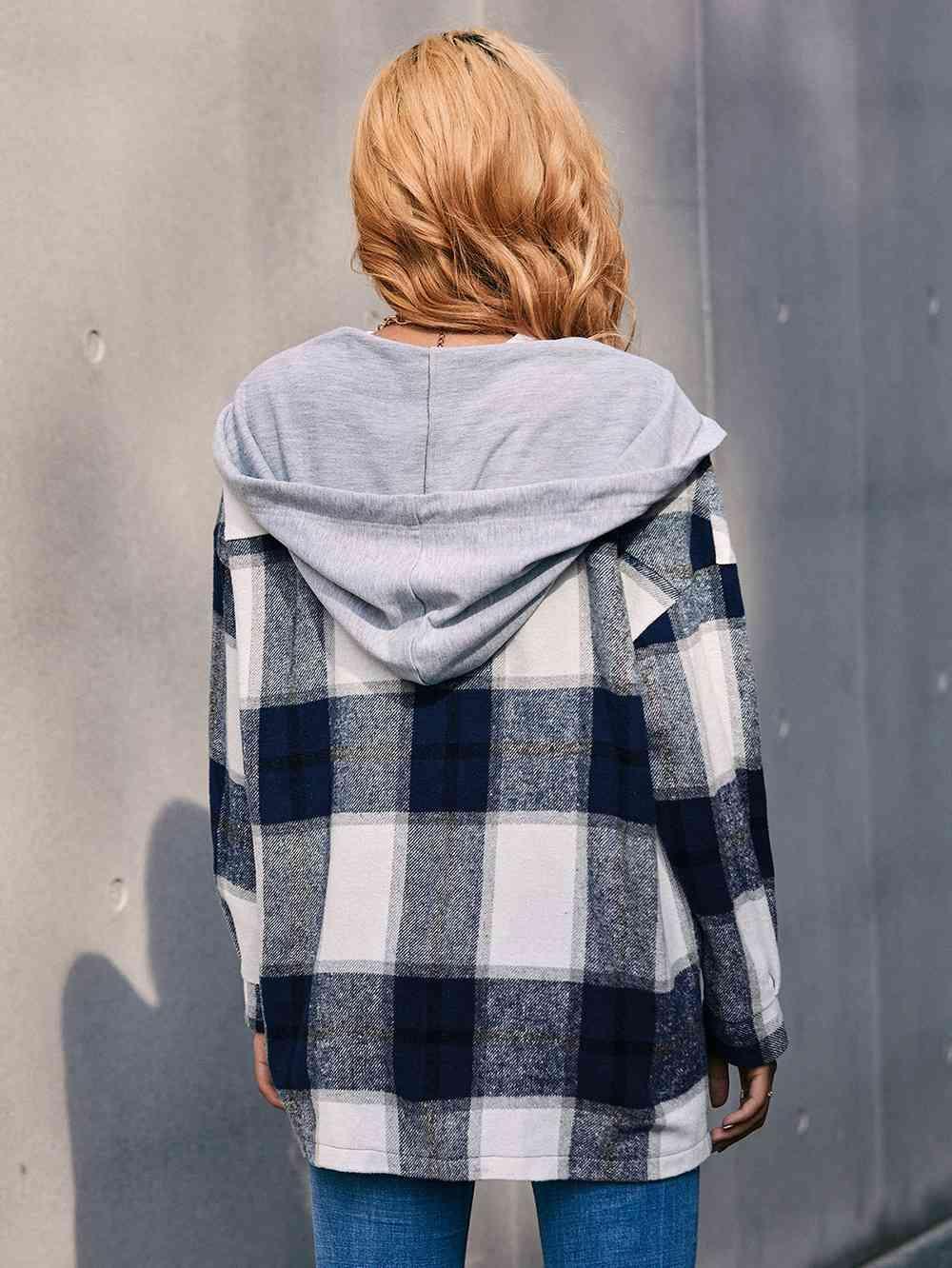 Plaid Dropped Shoulder Hooded Shacket - Jacket