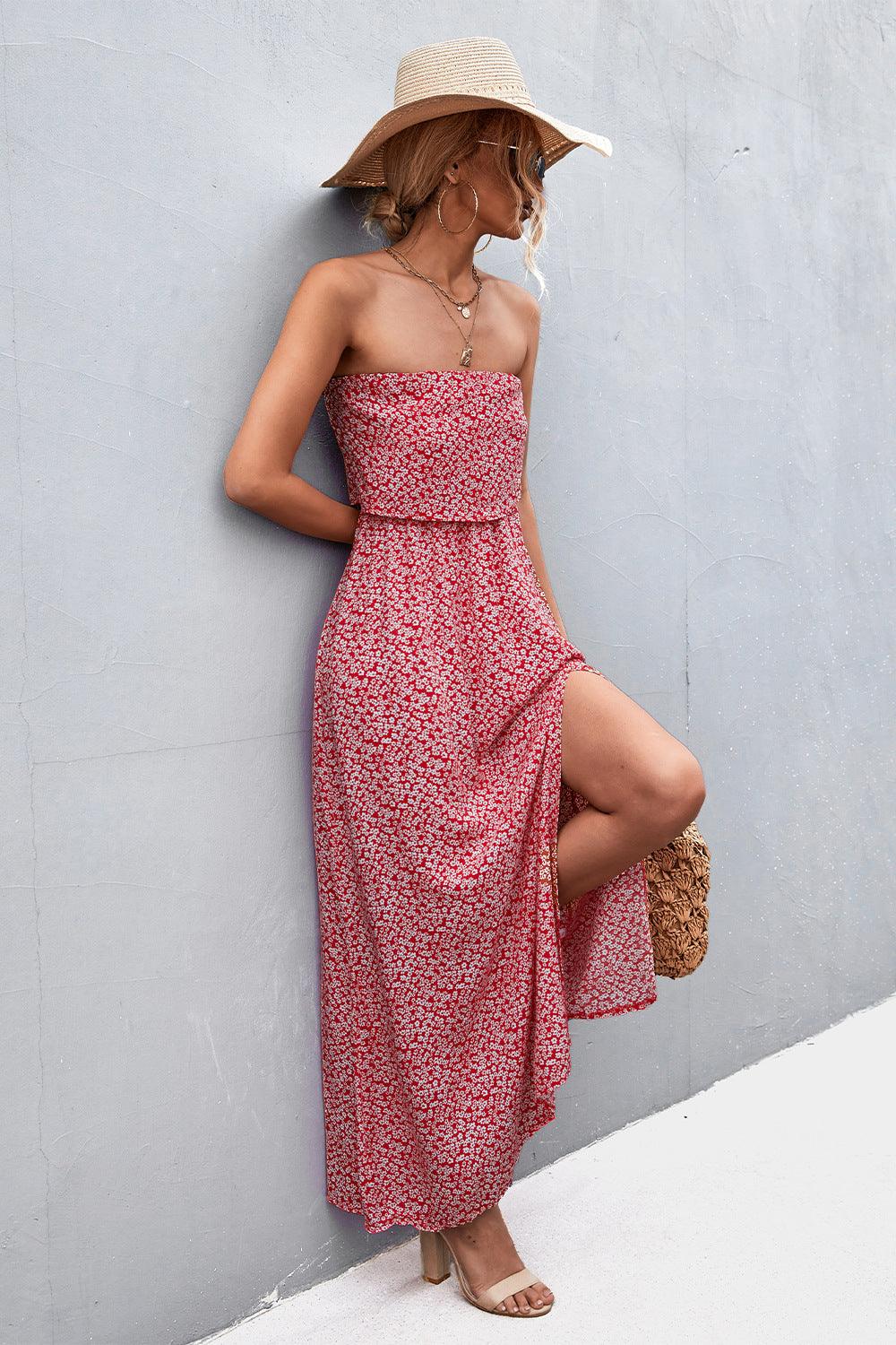 Layered Strapless Split Maxi Dress - Dresses