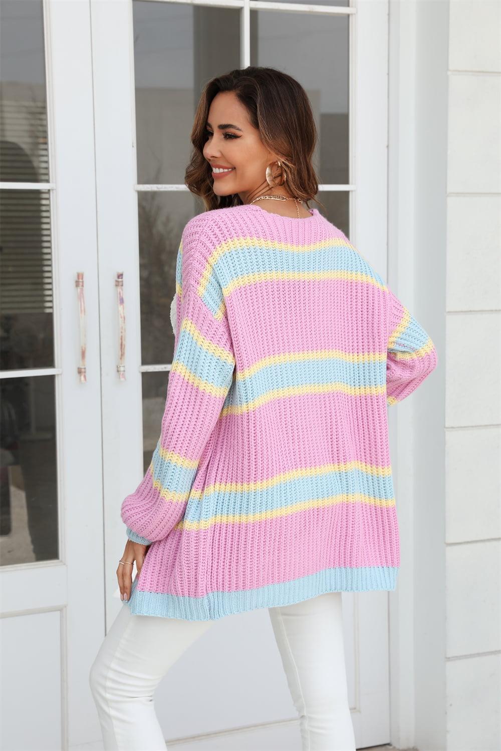 Color Block Ribbed Open Front Cardigan - Cardigan