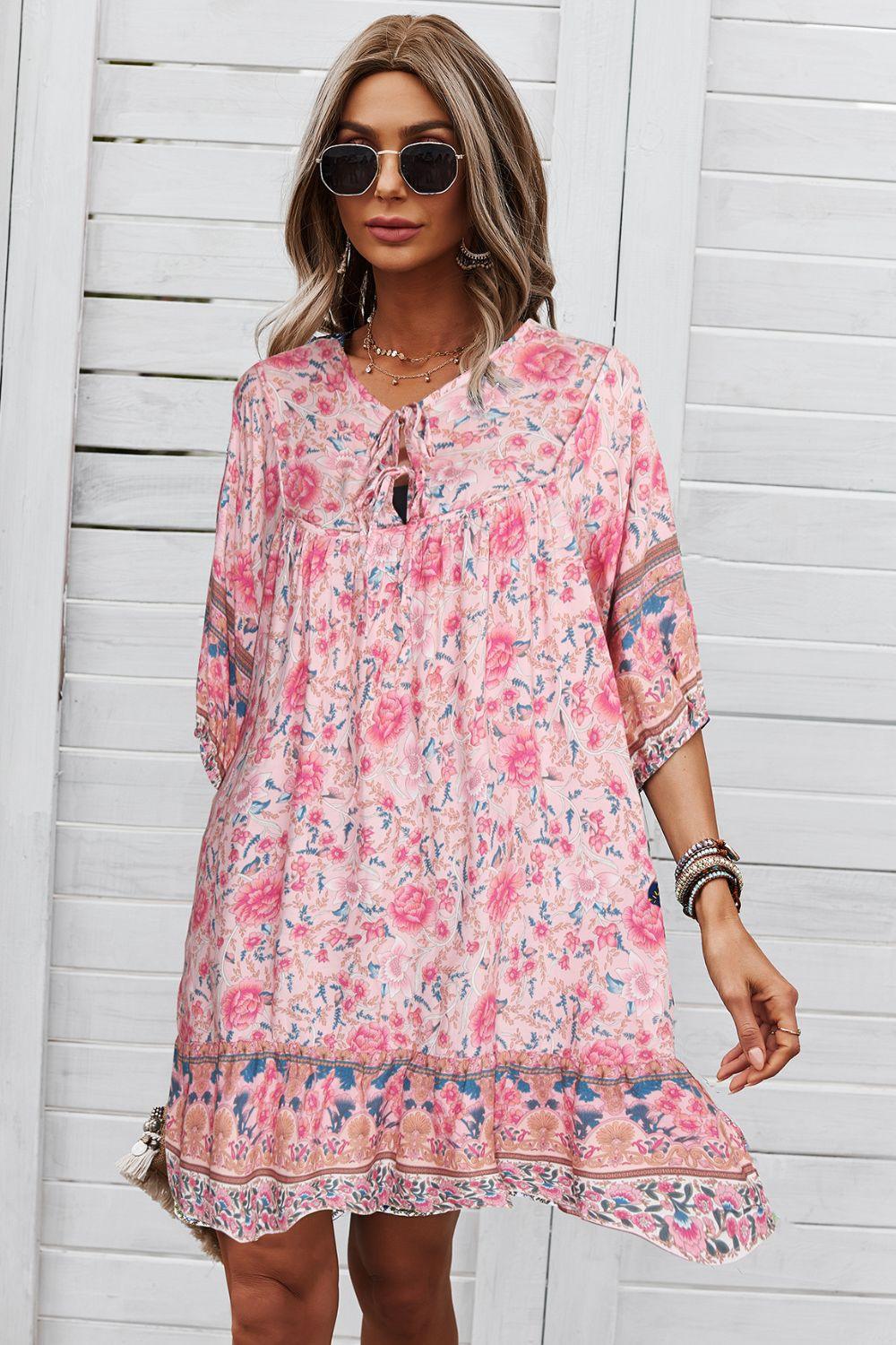 Bohemian Floral Tie Neck 3/4 Sleeve Short Tiered Dress - Dresses