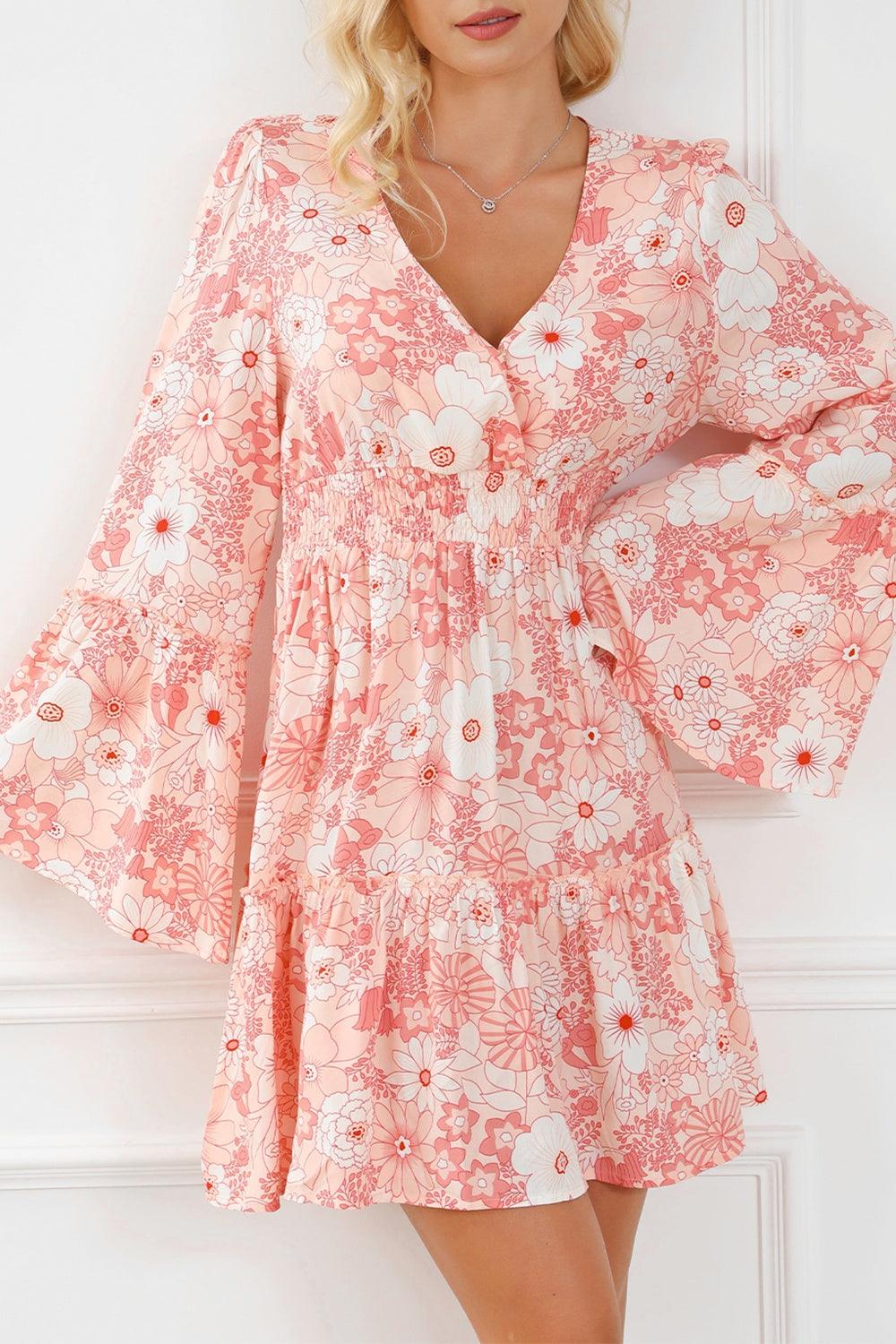 Smocked Floral Flare Sleeve Mini Dress - Dresses