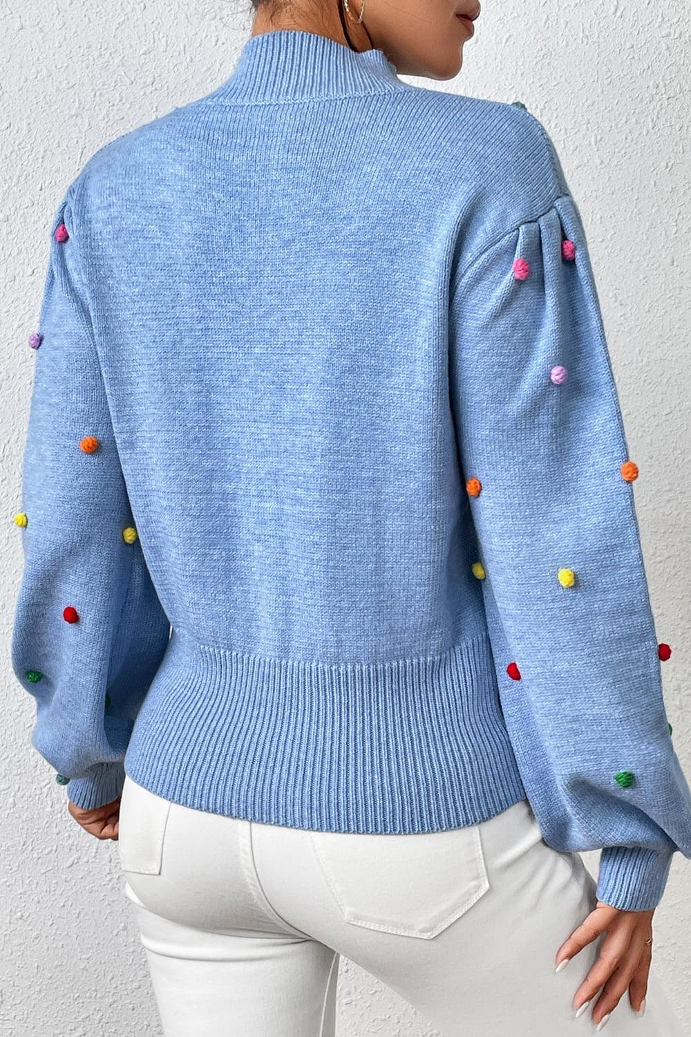 Pom-Pom Trim Mock Neck Long Sleeve Pullover Sweater - Sweater