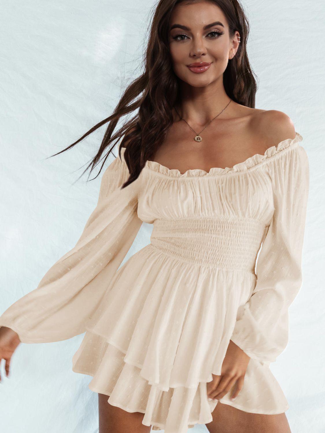 Off Shoulder Smocked Waist Long Sleeve Mini Dress - Dresses