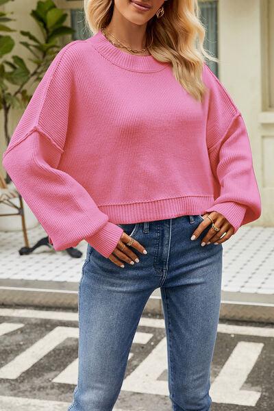 Round Neck Dropped Shoulder Crop Sweater - Sweater