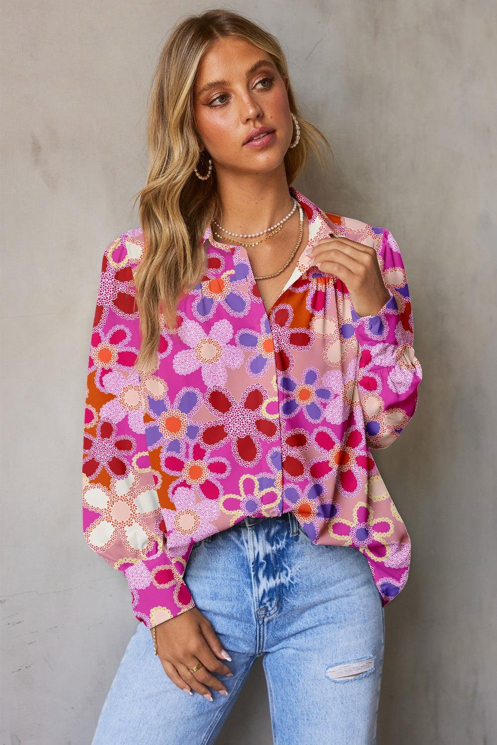 Floral Collared Neck Long Sleeve Shirt - Shirt