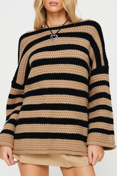 Striped Round Neck Dropped Shoulder Sweater - Sweater