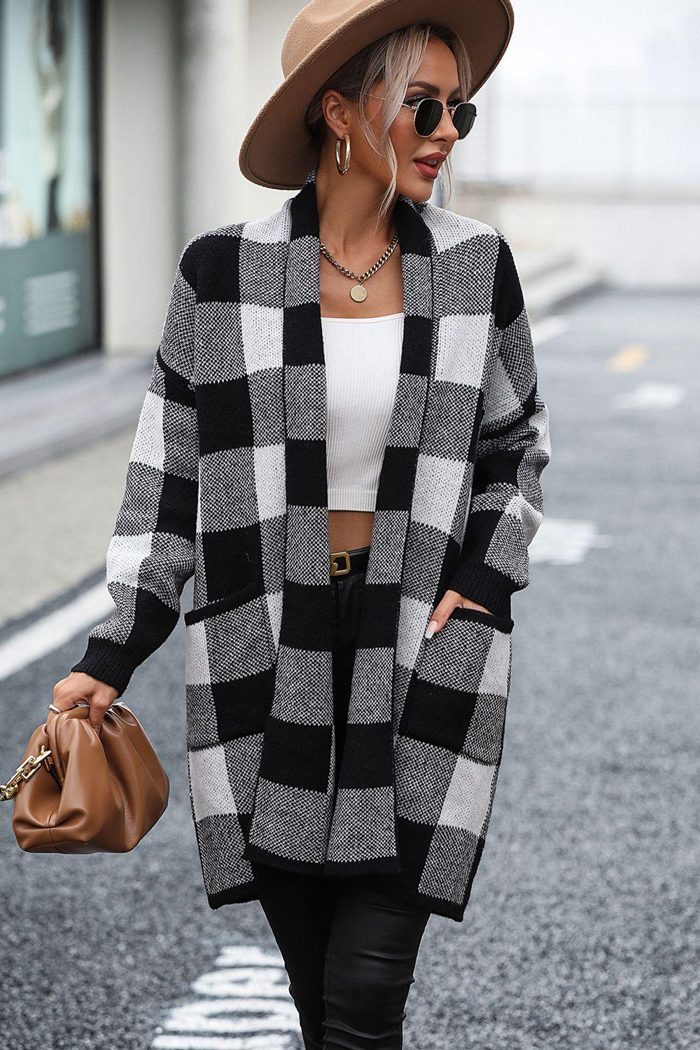 Checkered Open Front Longline Cardigan - Cardigan