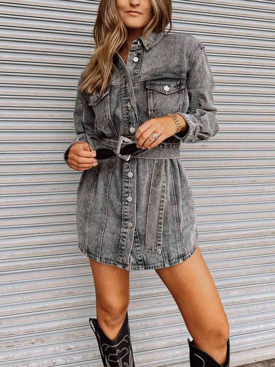 Long Sleeve Collared Denim Mini Dress