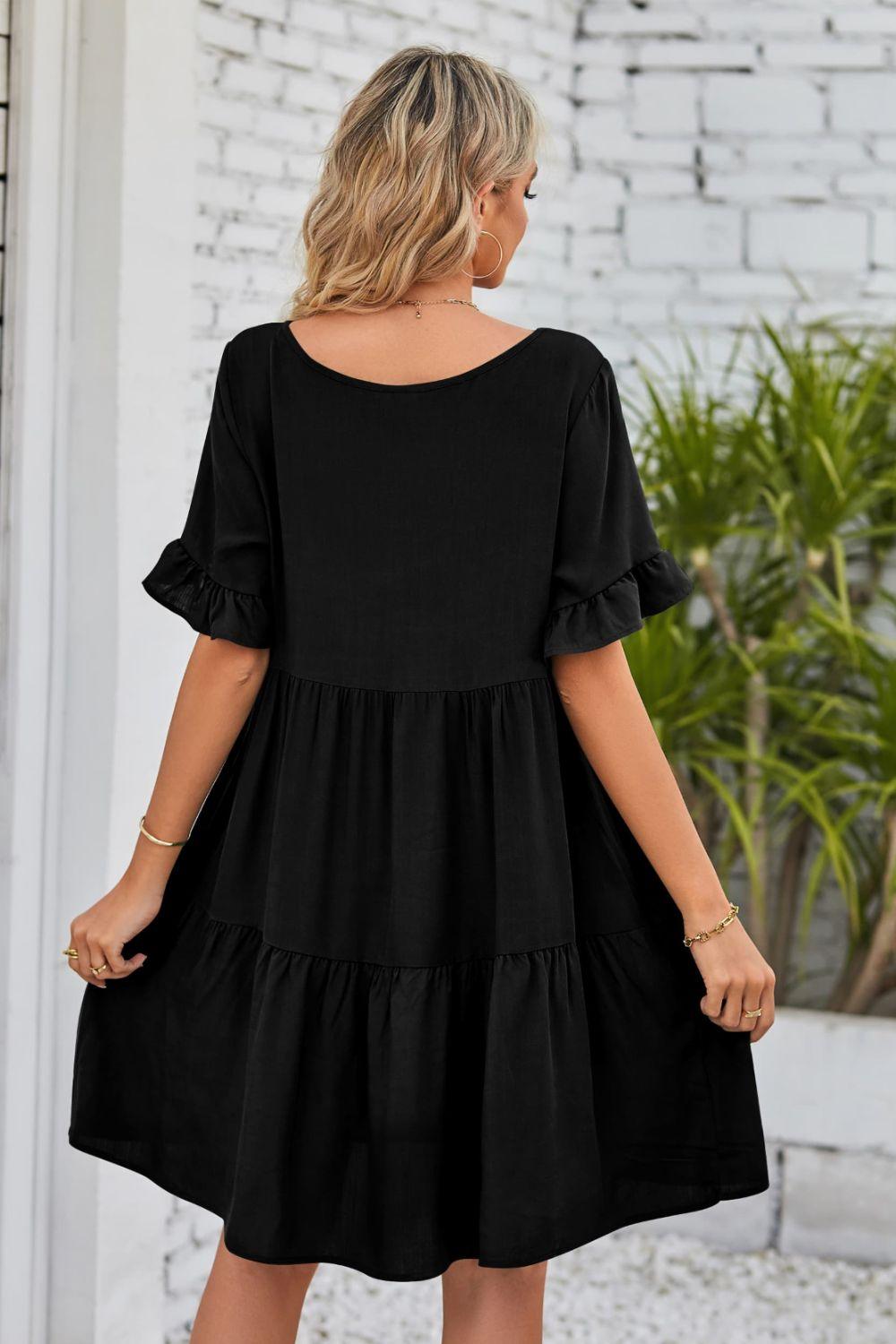 V-Neck Flounce Sleeve Knee Length Ruffle Tiered Dress - Dresses