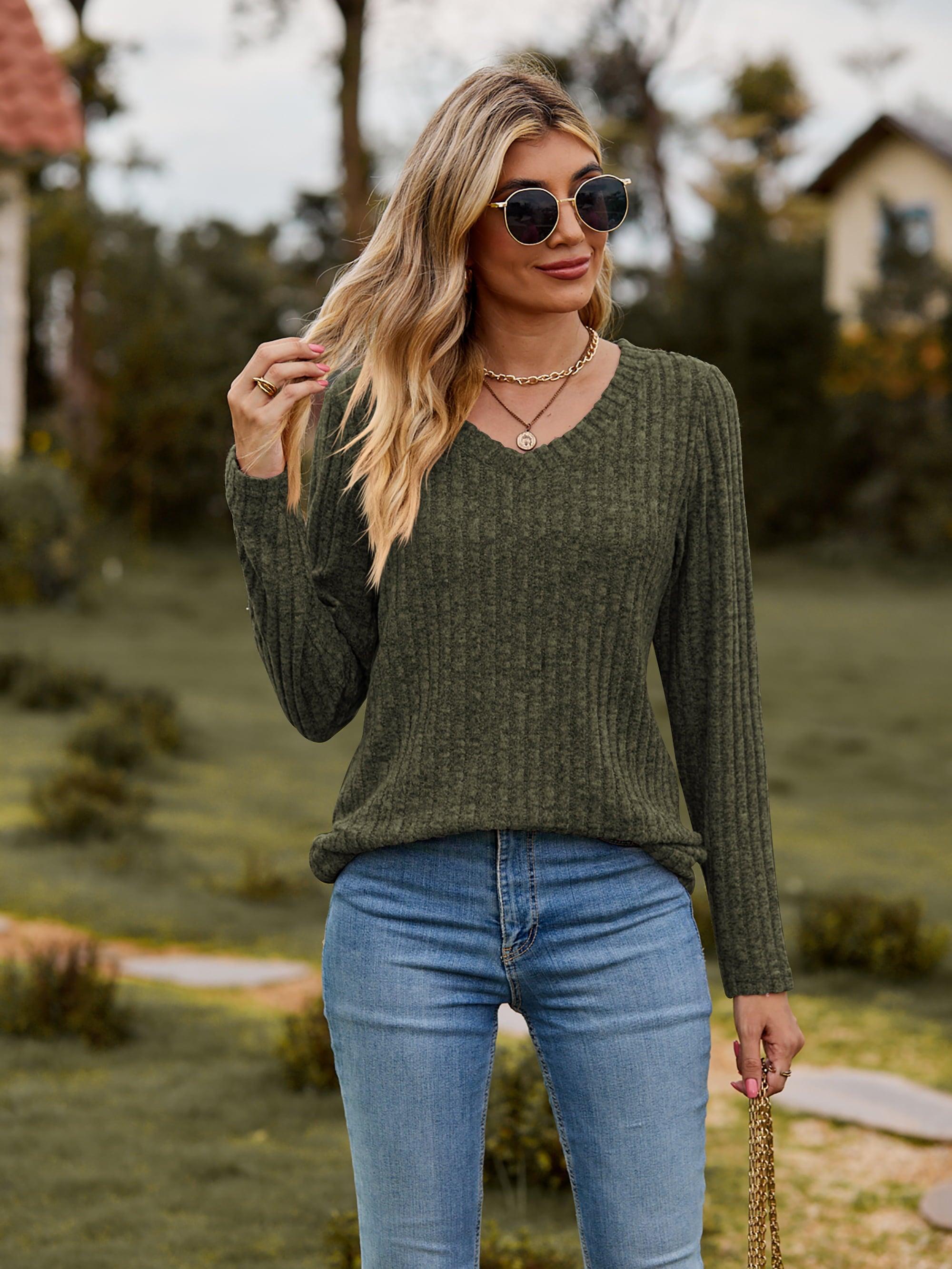 Ribbed V-Neck Long Sleeve Top - Top