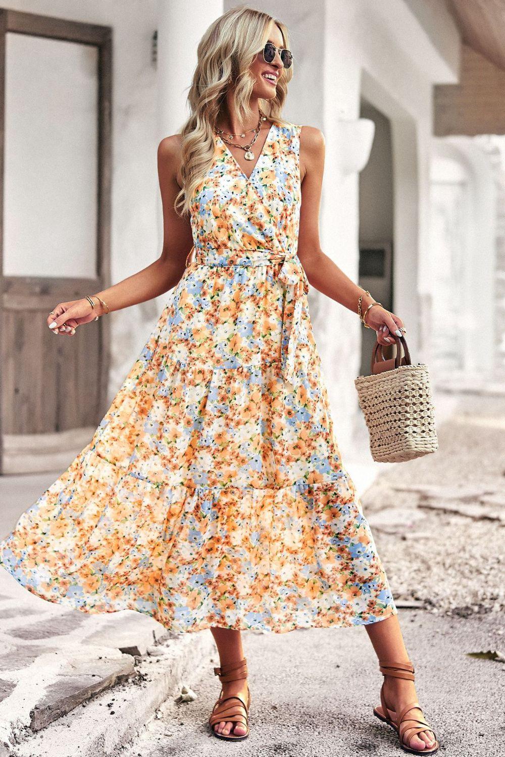 Floral Belted Surplice V-Neck Sleeveless Tiered Midi Dress - Dresses