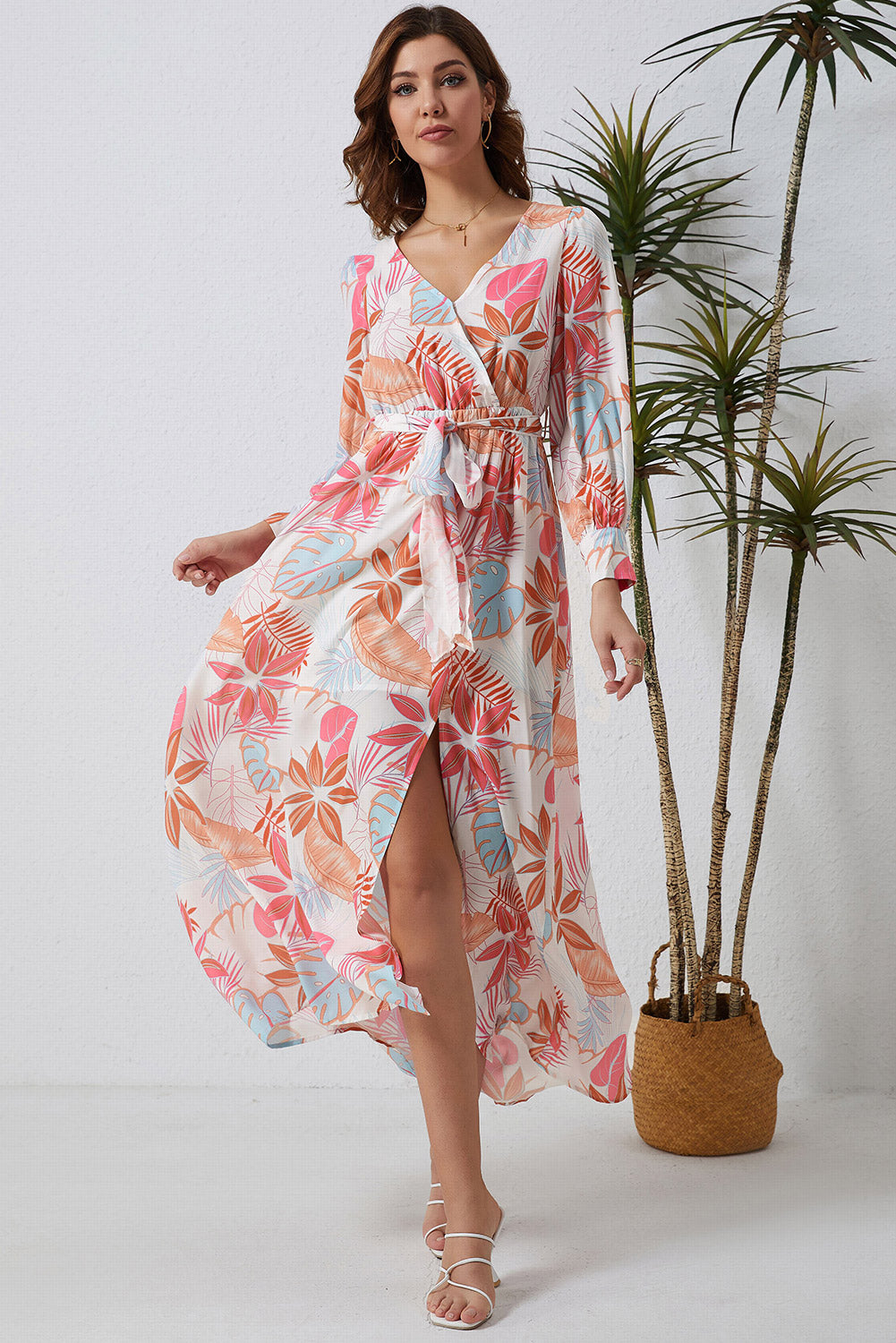 Floral Tie Waist Surplice Neck Maxi Dress