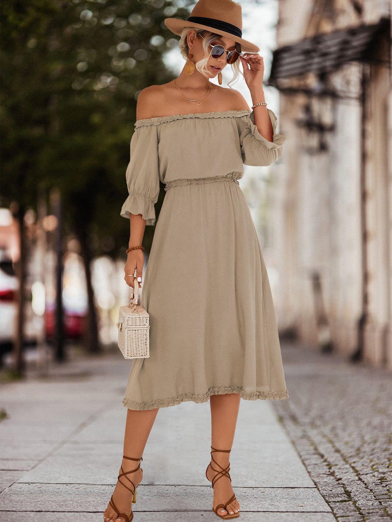 Frilled Off-Shoulder Flounce Sleeve Midi Dress - Dresses