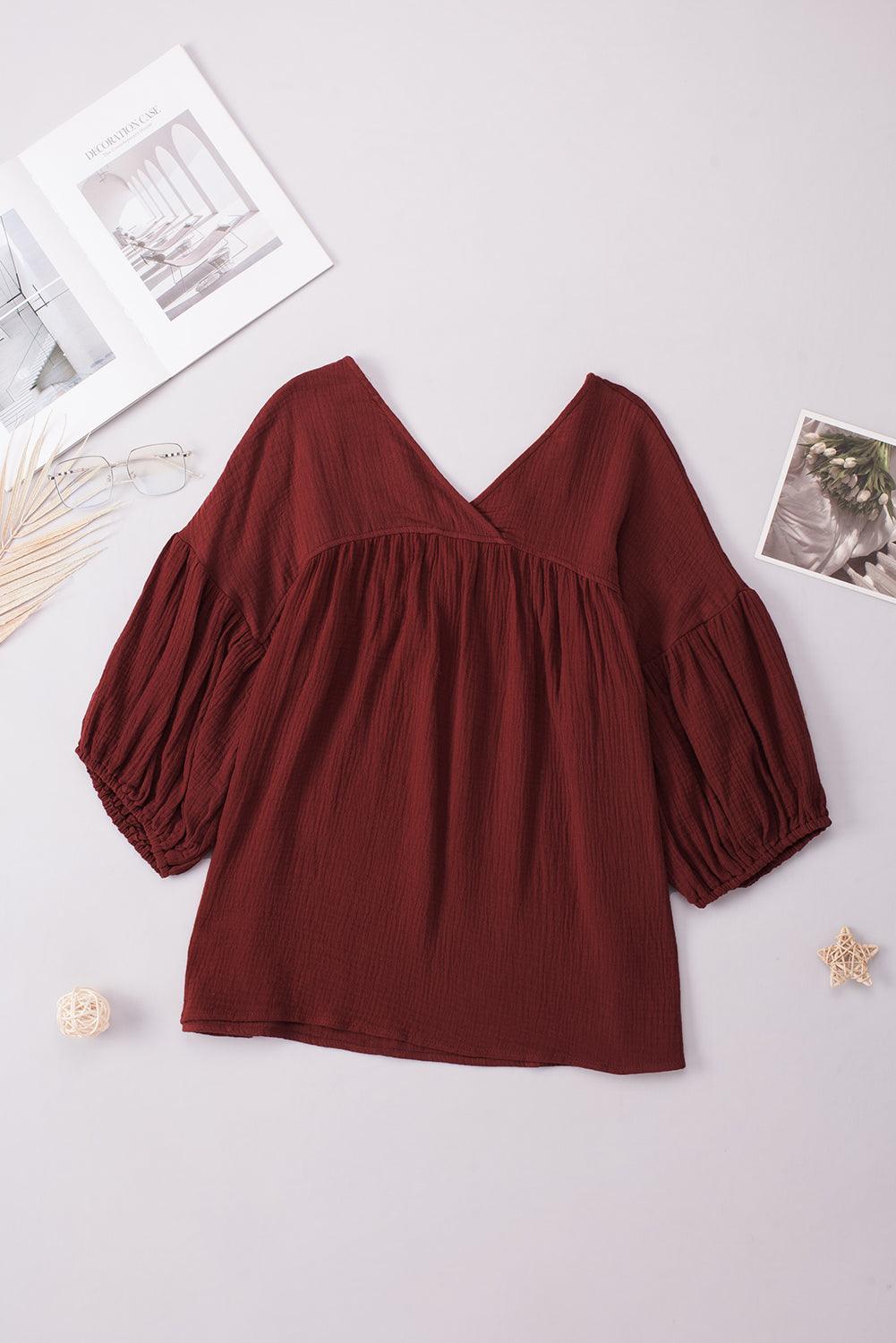 Dropped Shoulder V-Neck Long Peasant Sleeves Blouse - Blouse