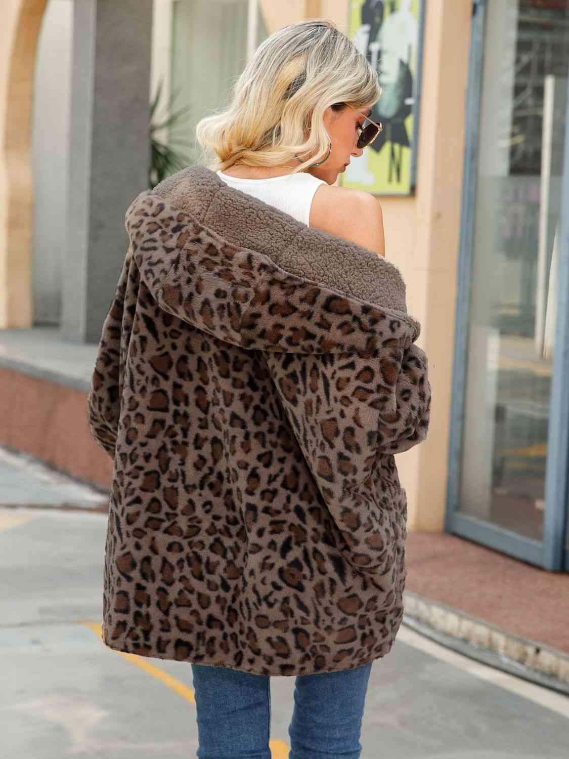 Leopard Hooded Fleece Coat - Coat