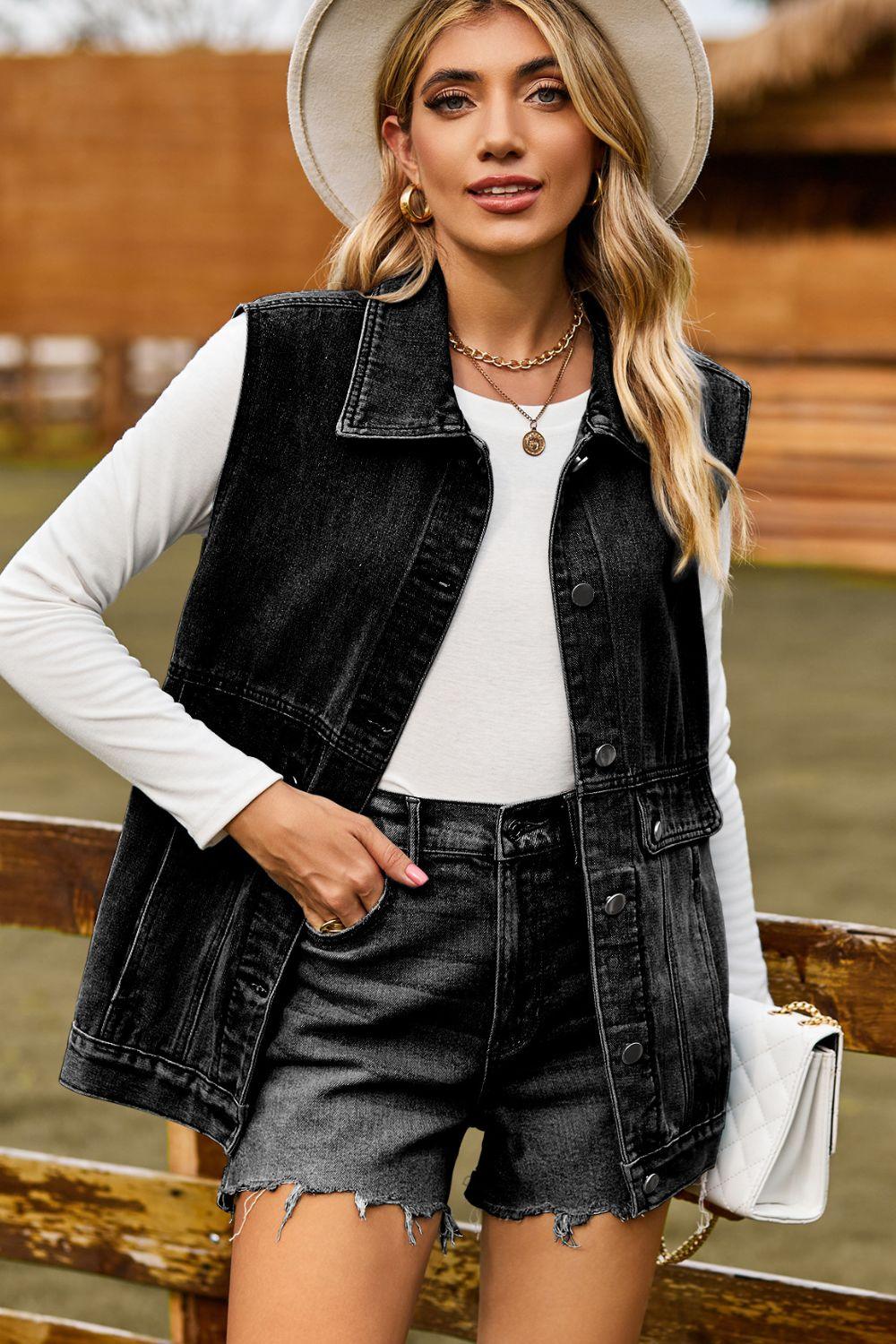 Collared Neck Denim Vest with Pockets - Denim Vest