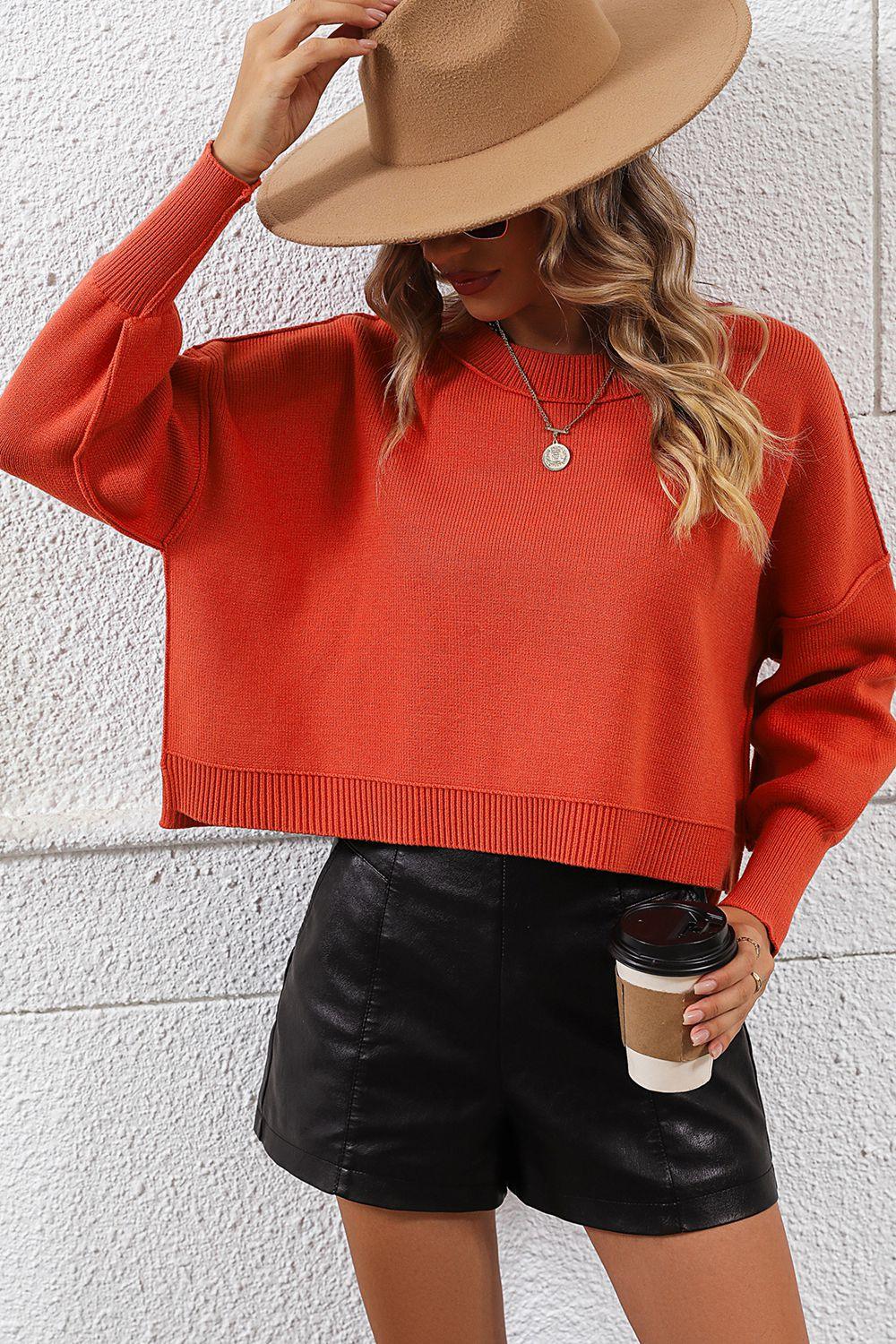 Round Neck Dropped Shoulder Pullover Cropped Sweater - Sweater