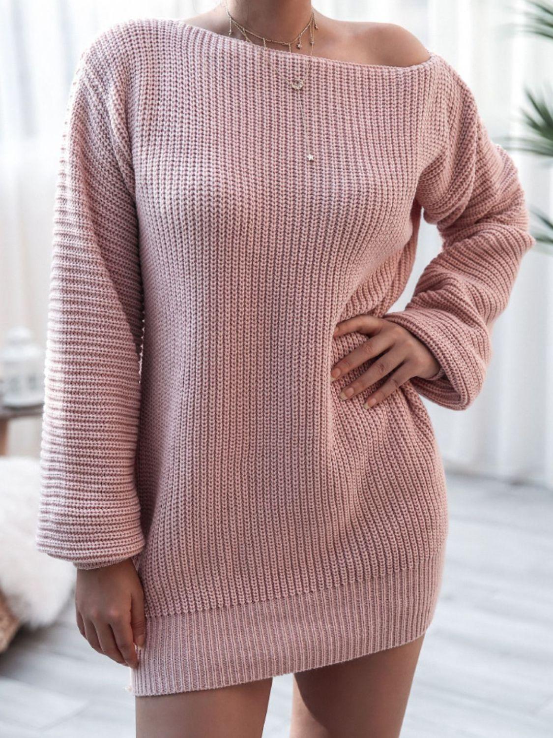 Rib-Knit Balloon Sleeve Boat Neck Sweater Dress - Dresses