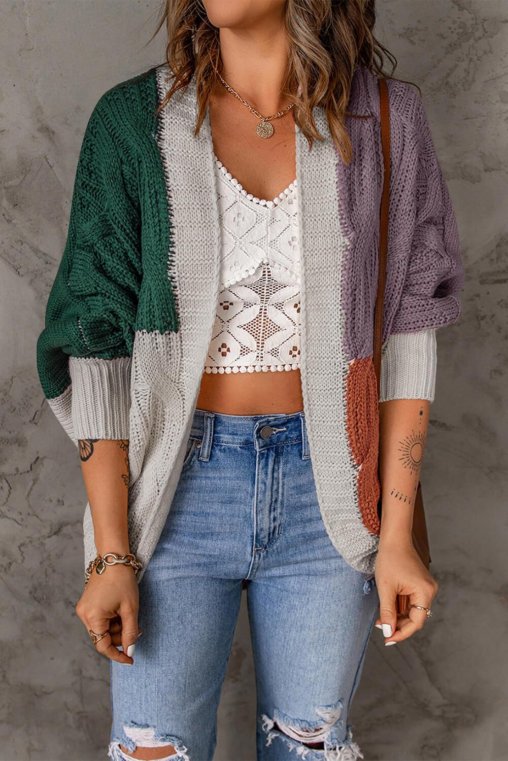 Woven Right Color Block Cable-Knit Batwing Sleeve Cardigan - Cardigan