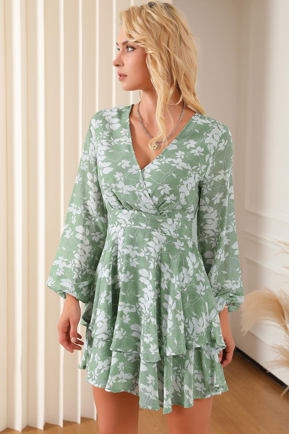 Floral Surplice Balloon Sleeve Mini Dress - Dresses