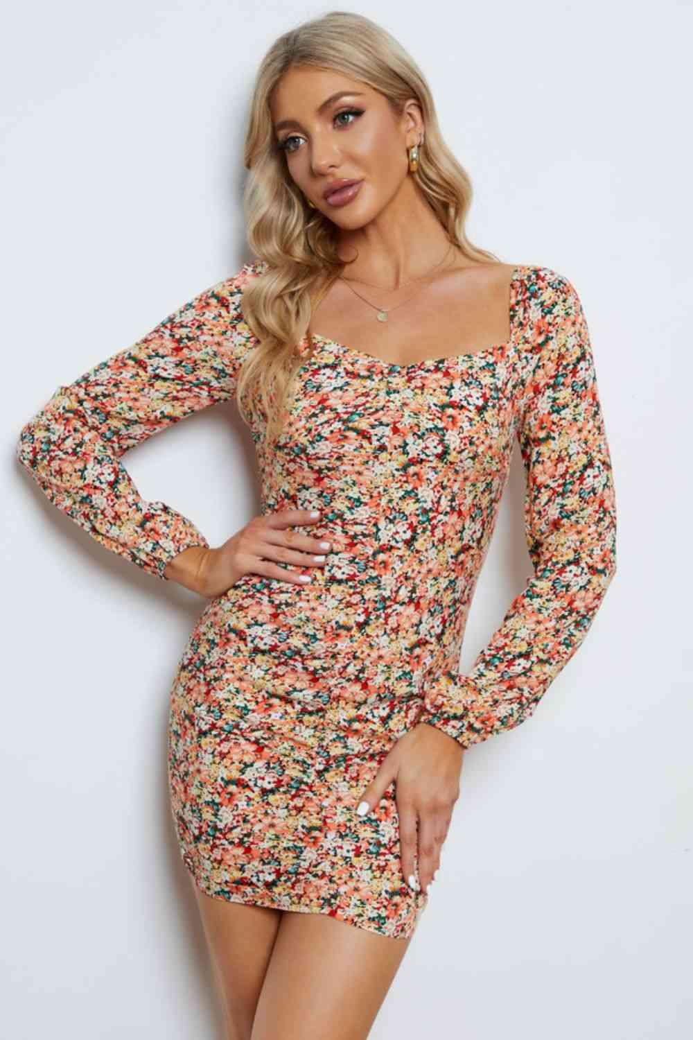 Floral Long-Sleeve Bodycon Mini Dress - Dresses