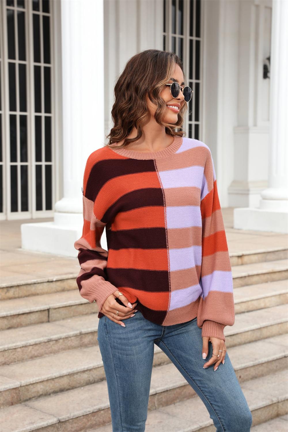 Round Neck Color Block Striped Sweater - Sweater