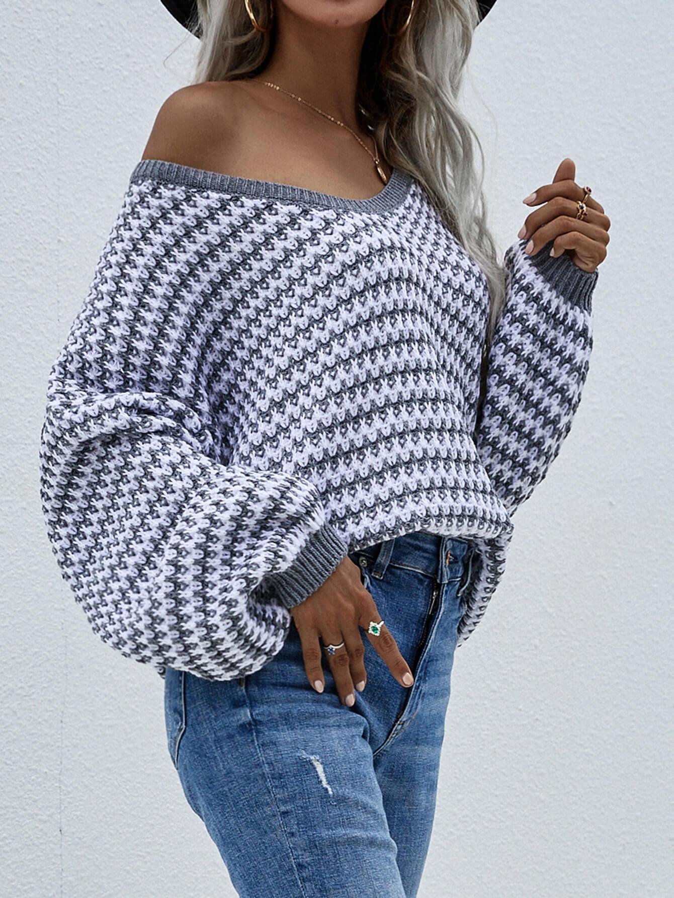 Striped Drop Shoulder V-Neck Pullover Sweater - Sweater