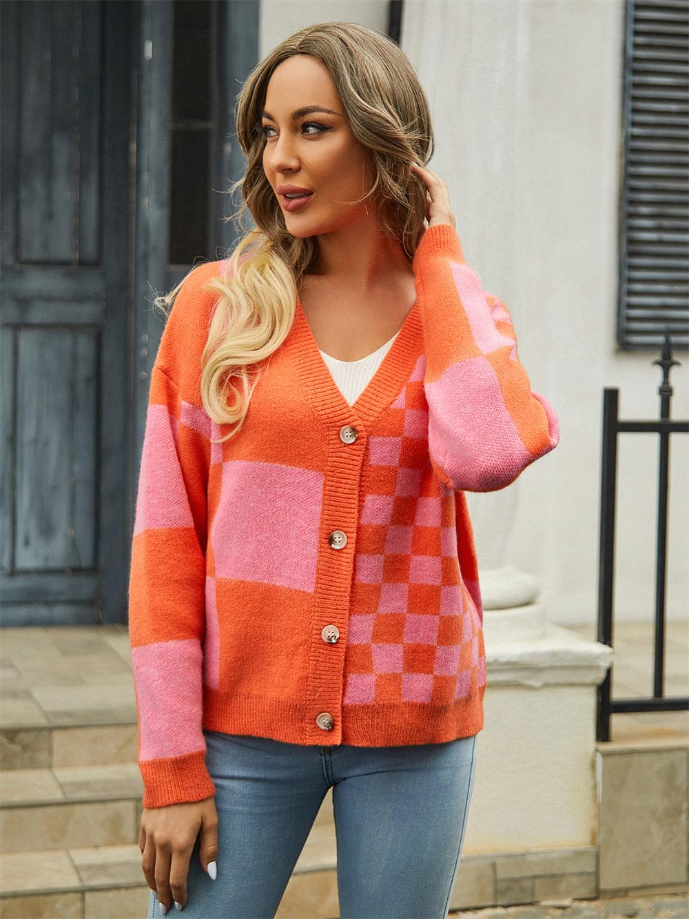 Checkered V-Neck Dropped Shoulder Sweater Cardigan - Cardigan