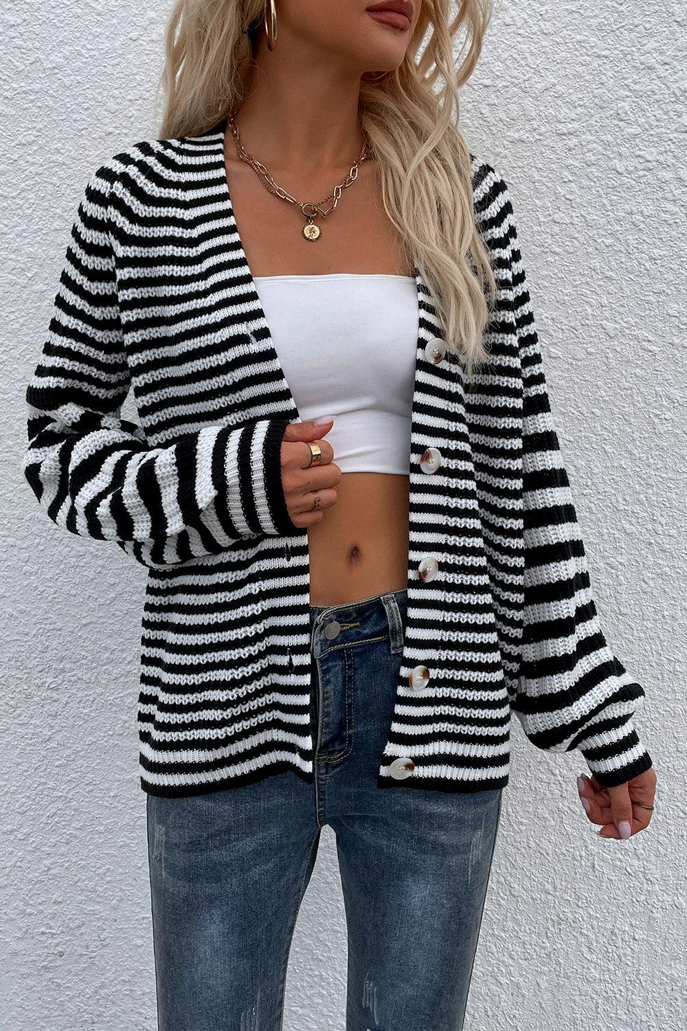 Striped V-Neck Button-Down Long Sleeve Cardigan - Cardigan