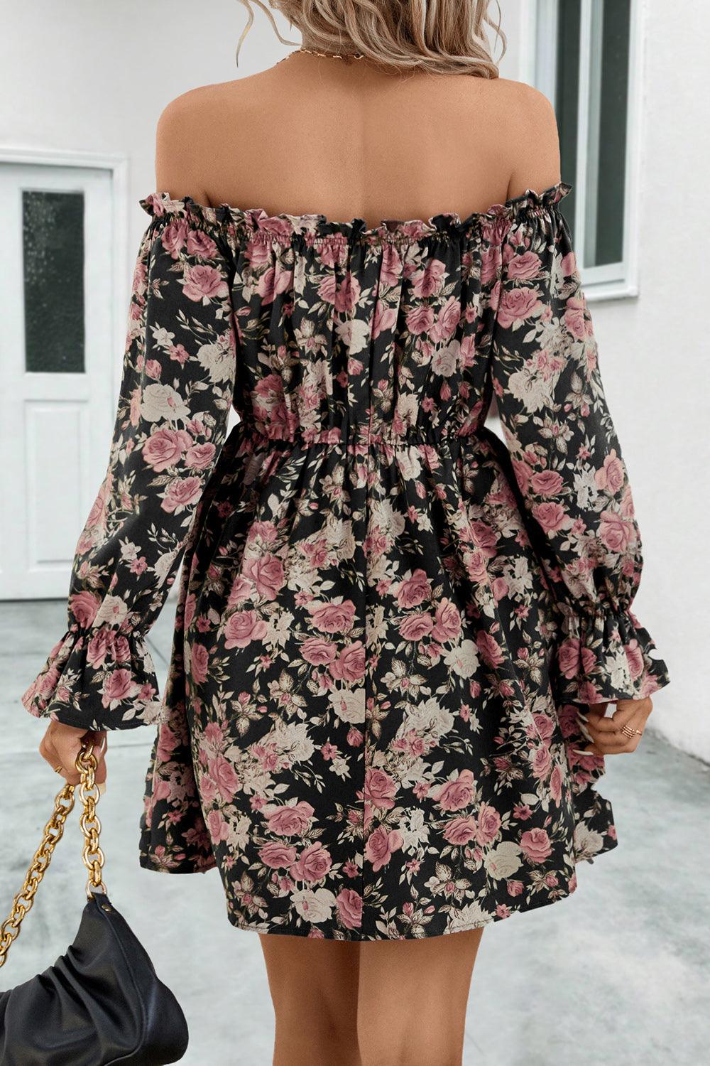 Floral Off-Shoulder Flounce Sleeve Dress - Dresses