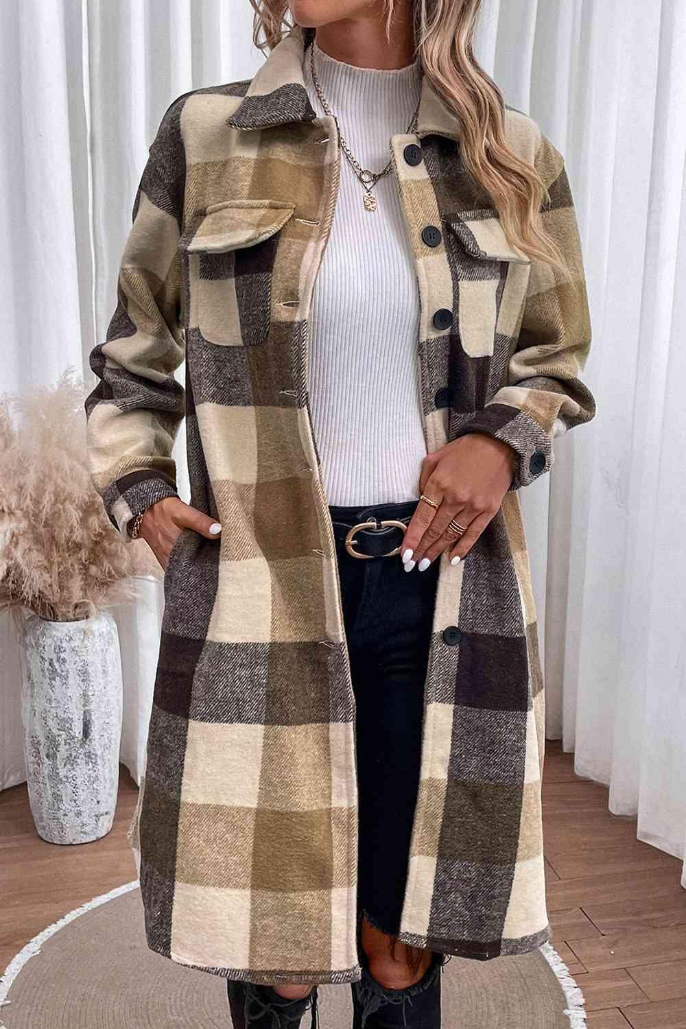 Plaid Button Down Longline Coat - Coat