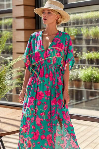 Slit Floral V-Neck Short Sleeve Midi Dress - Dresses