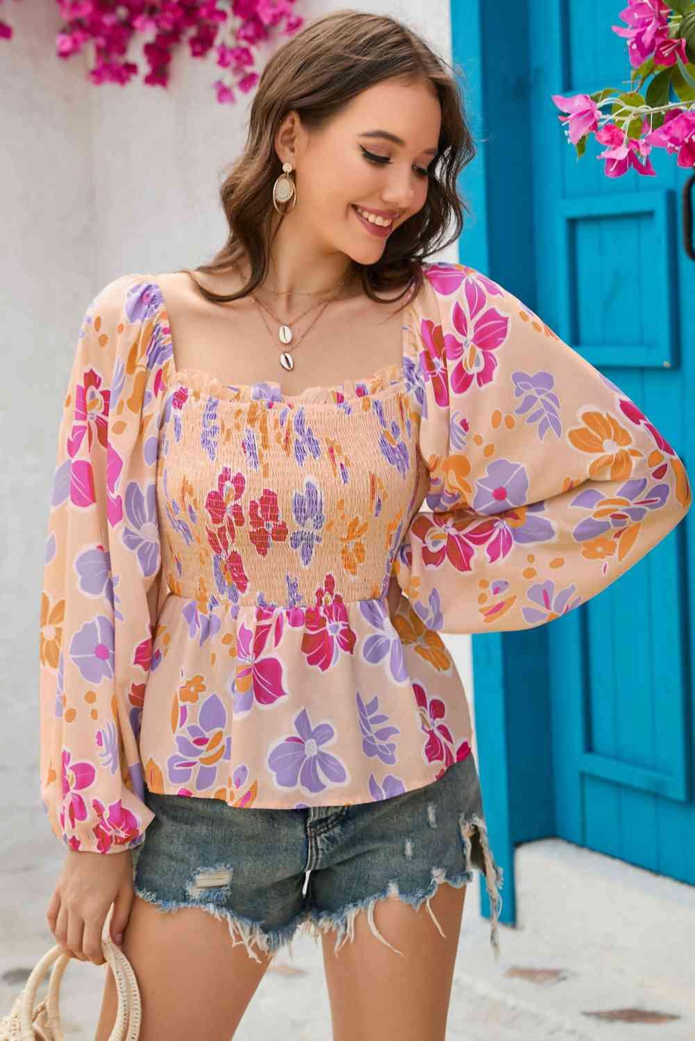 Floral Square Neck Smocked Blouse - Blouse