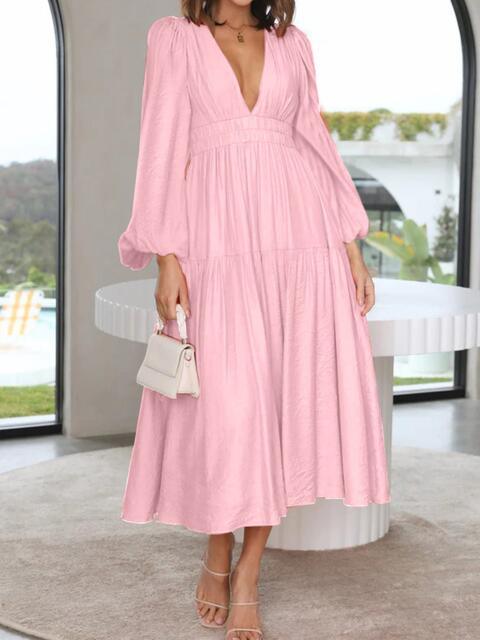 Deep V-Neck Balloon Sleeve Maxi Dress - Dresses