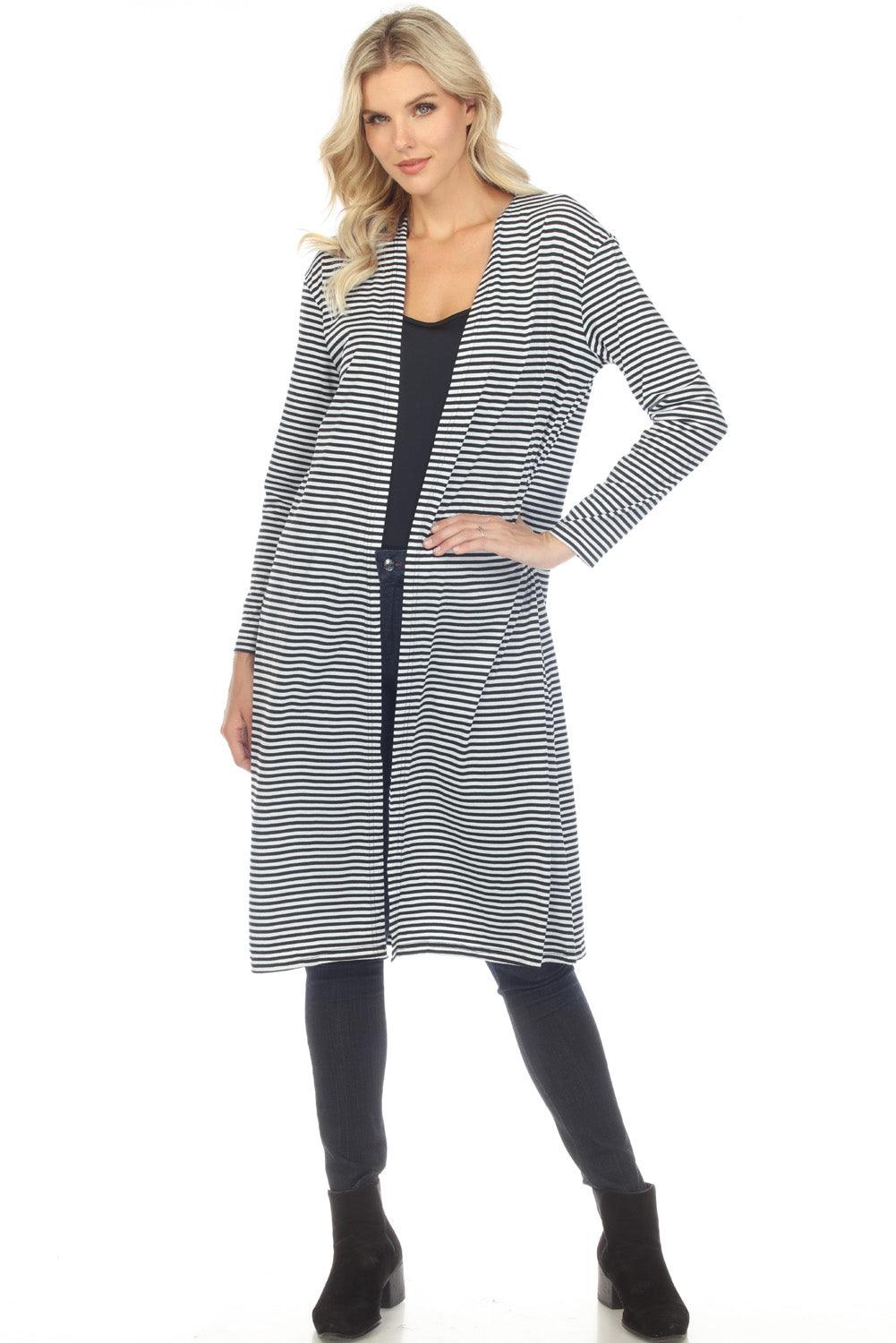 Striped Long Sleeve Open Front Cardigan - Cardigan