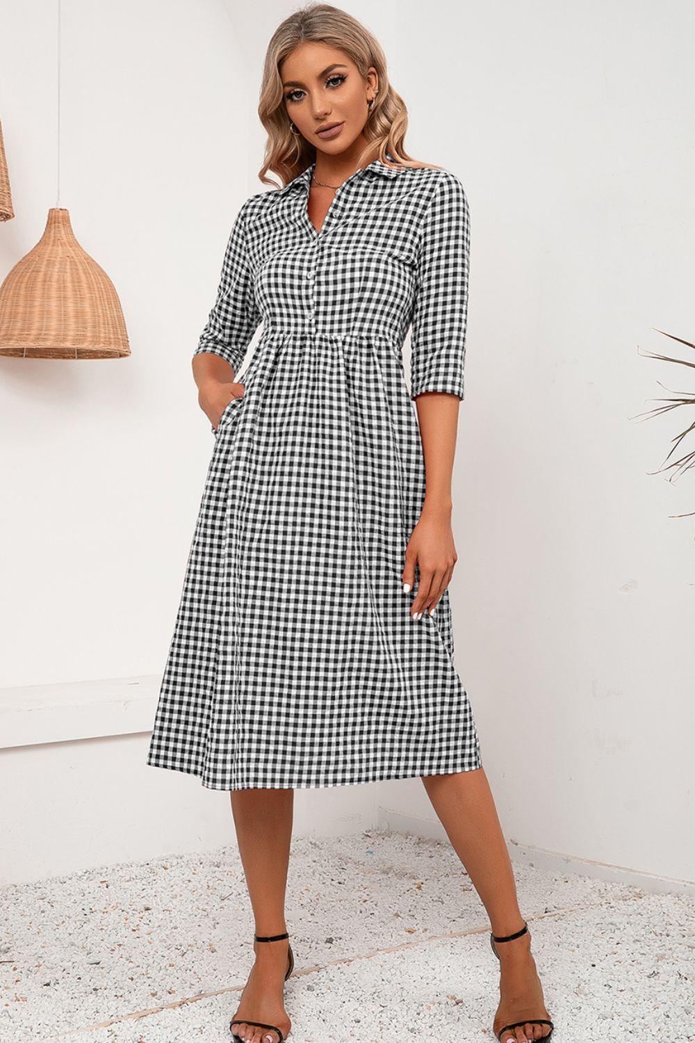 Plaid Collared Neck Midi Dress - Dresses