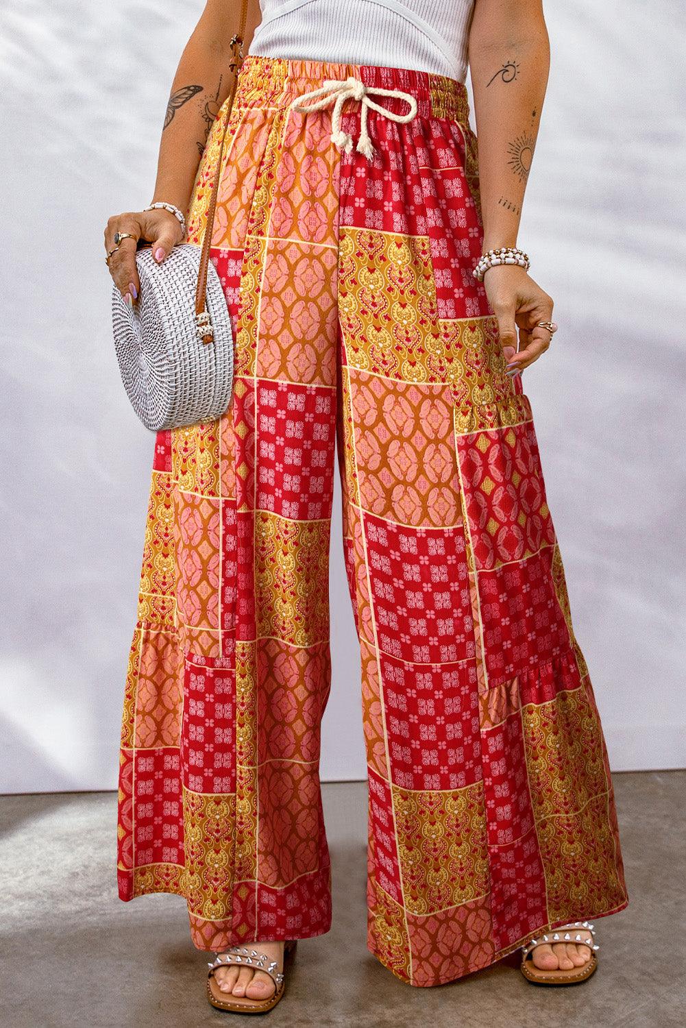 Bohemian Patchwork High Waist Wide Leg Pants - Pant