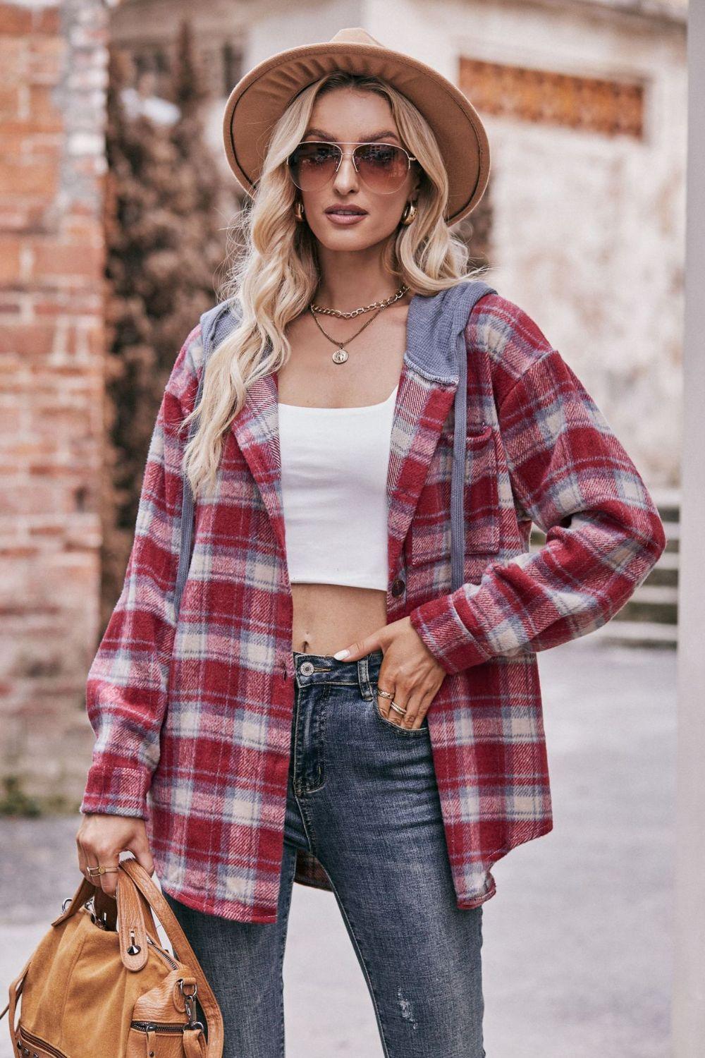 Plaid Dropped Shoulder Hooded Longline Shirt Jacket - Jacket