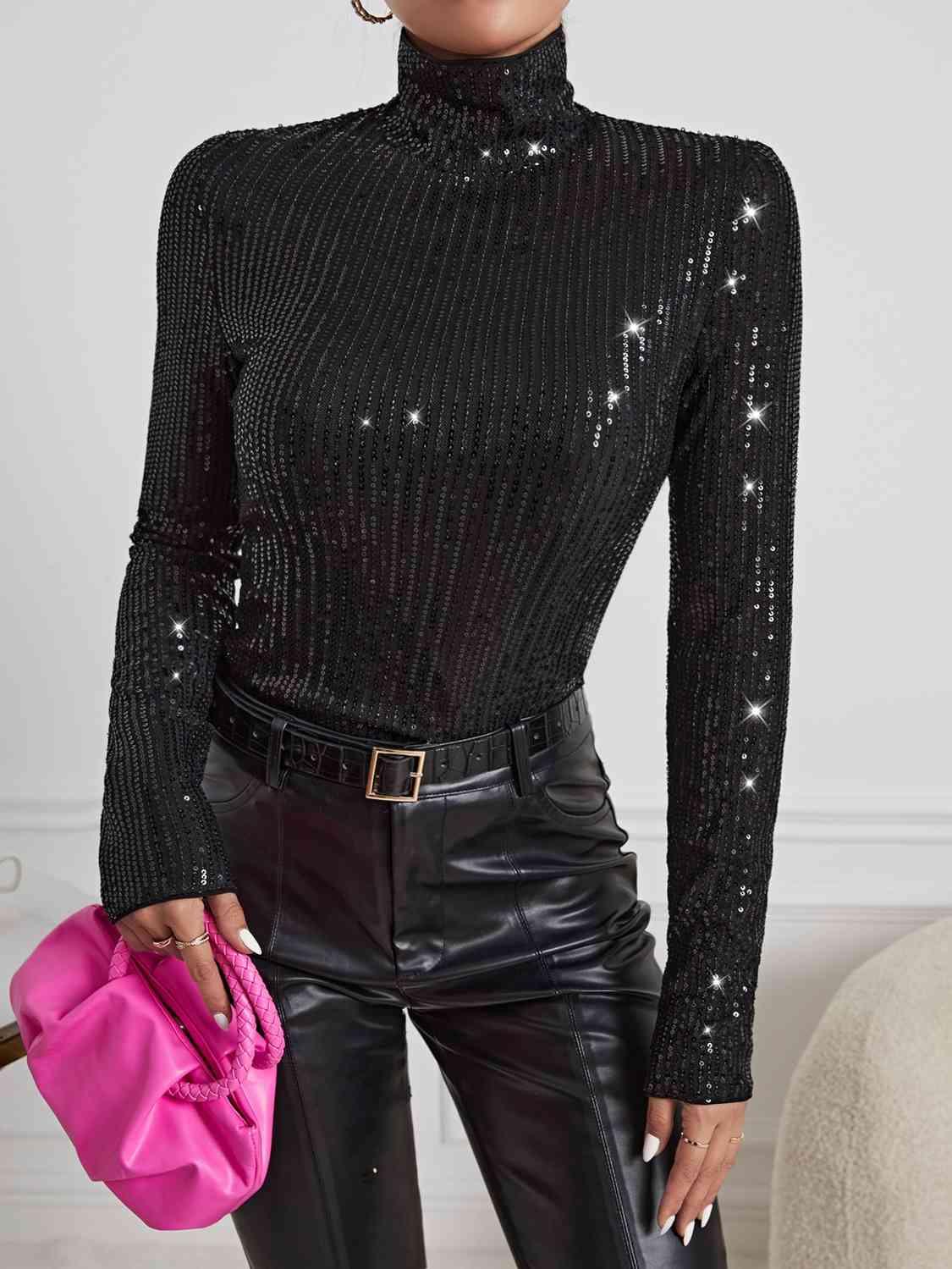 Sequin Turtleneck Long Sleeve Top - Top