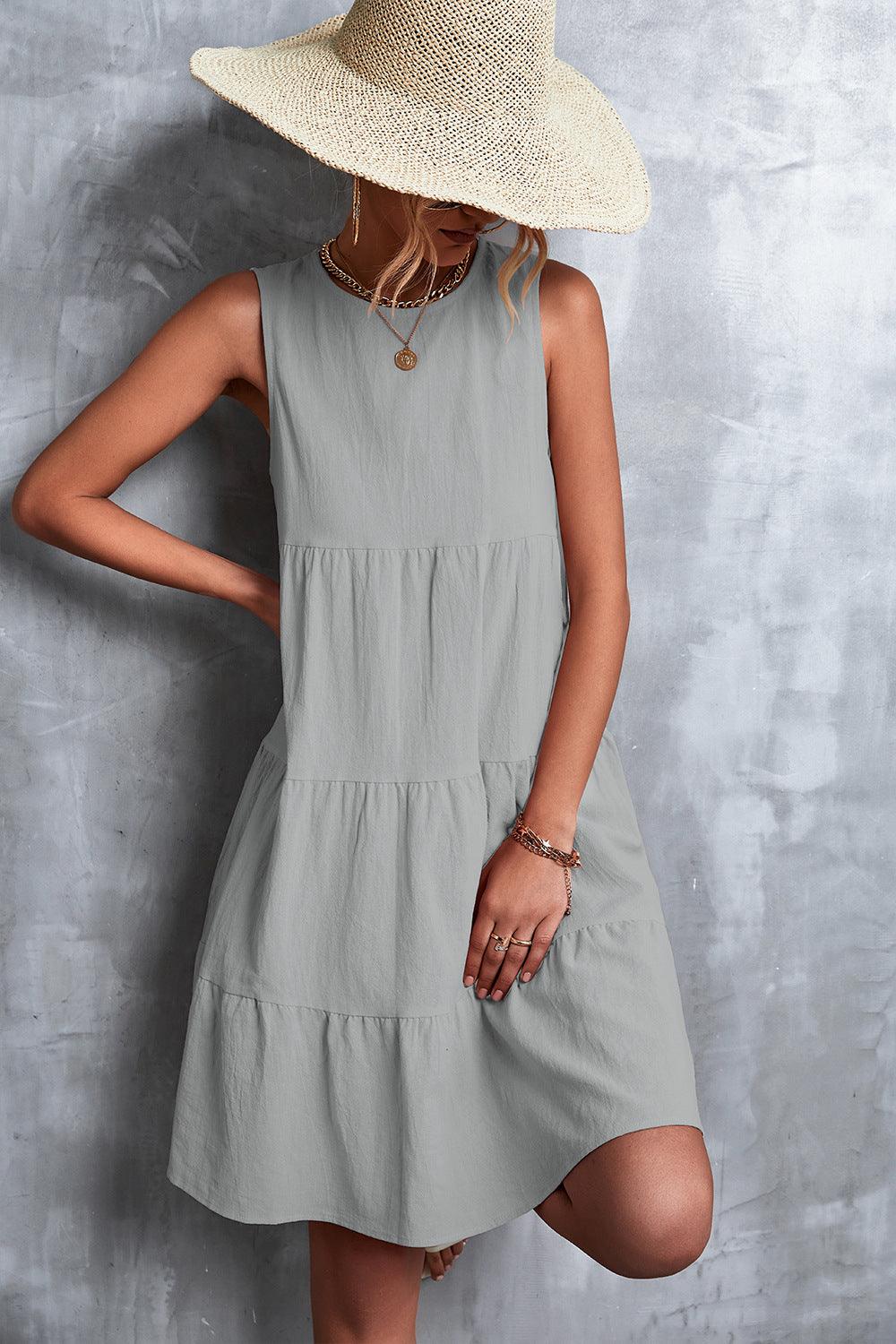 Sleeveless Round Neck Tiered Knee-Length Dress - Dresses