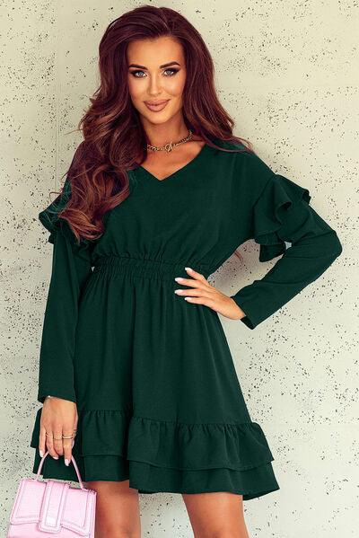 Ruffled V-Neck Dropped Shoulder Mini Dress - Dresses