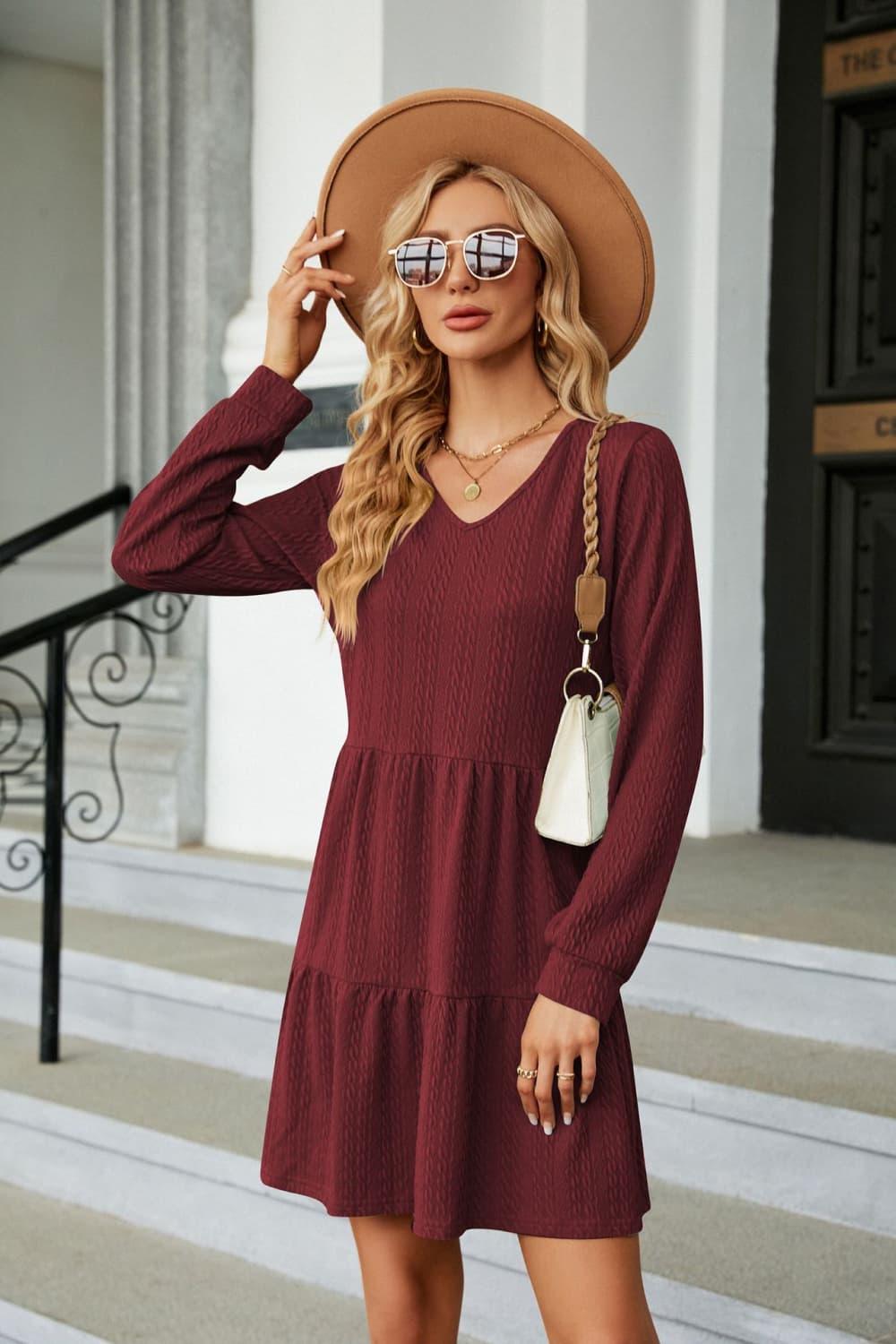 V-Neck Long Sleeve Tiered Mini Dress - Dresses