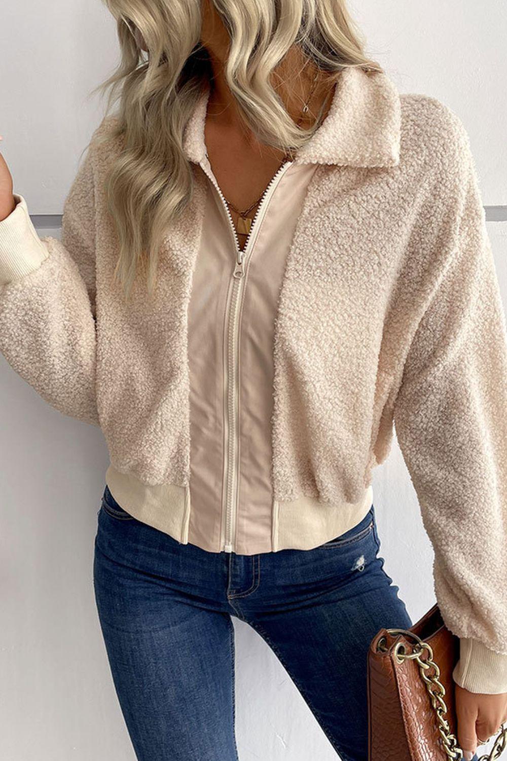 Collared Neck Zip-Up Cropped Sherpa Jacket - Jacket