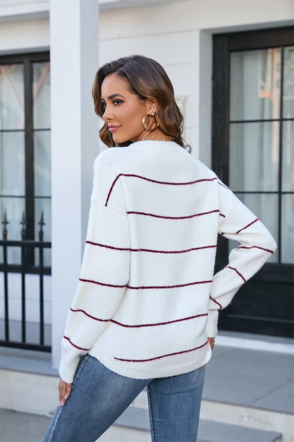 Striped Round Neck Drop Shoulders Sweater - Sweater