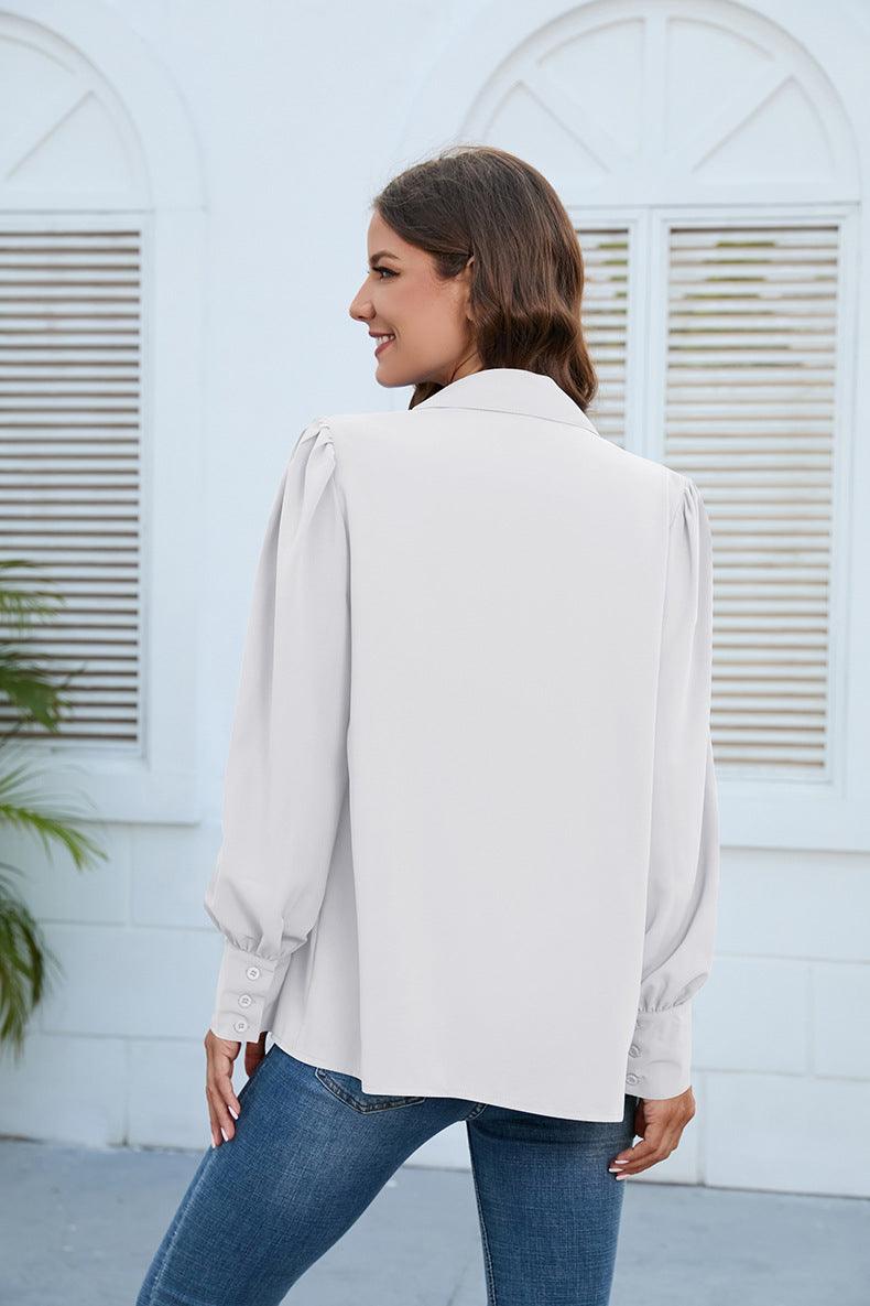 Puff Long Sleeve Collared Neck Ruched Shirt - Shirt