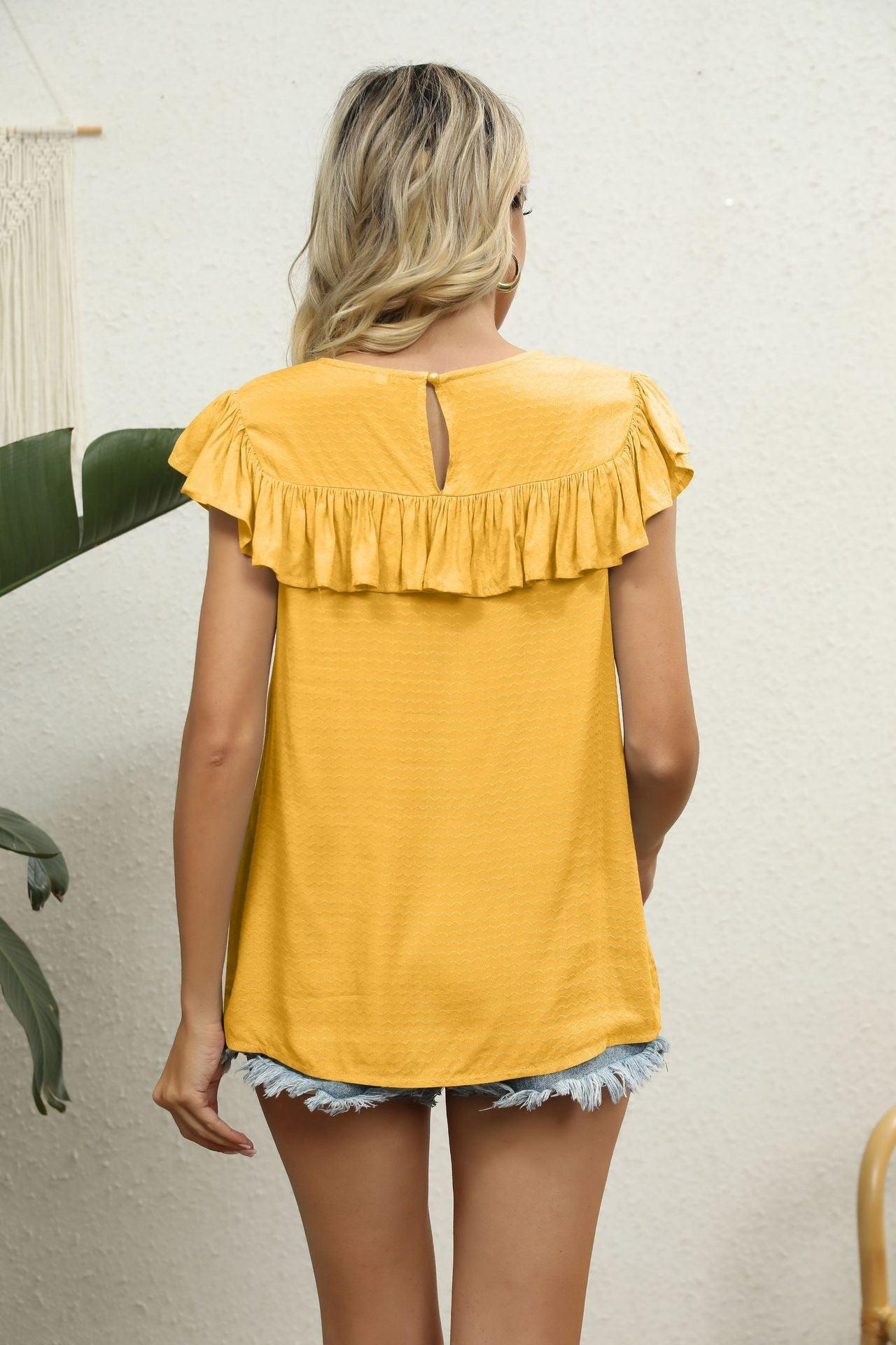 Spliced Lace Ruffled Flutter Sleeve Round Neck Top - Top