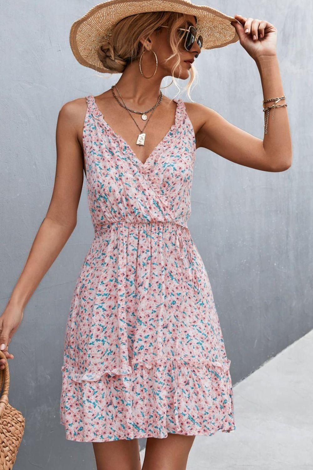 Floral Frill Trim V Neck Sleeveless Casual Mini Dress - Dresses