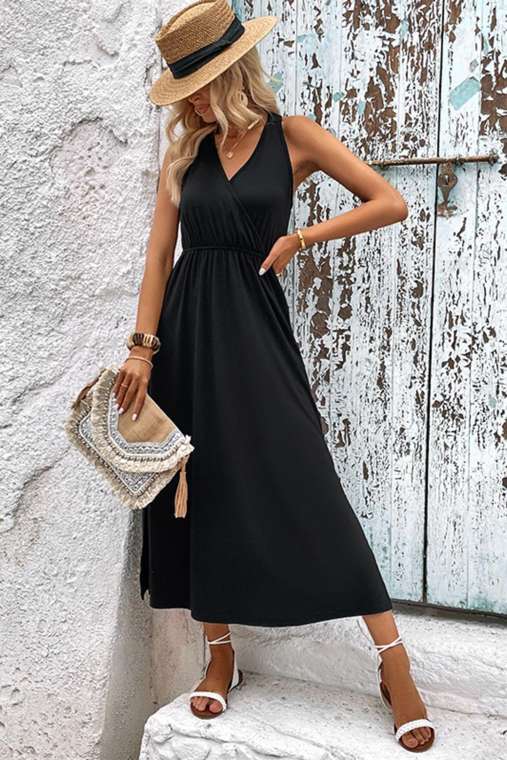 Surplice Neck Slit Sleeveless Midi Dress - Dresses